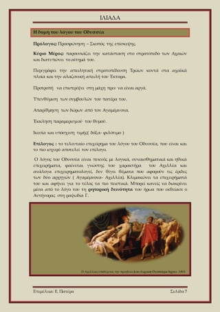 ΙΛΙΑΔΑ
Επιμέλεια: Ε. Πατέρα Σελίδα 7
Η δομή του λόγου του Οδυσσέα
Πρόλογος: Προσφώνηση – Σκοπός της επίσκεψης.
Κύριο Μέρος: παρουσιάζει την κατάσταση στο στρατόπεδο των Αχαιών
και διατυπώνει το αίτημά του.
Περιγράφει την απειλητική στρατοπέδευση Τρώων κοντά στα αχαϊκά
πλοία και την αλαζονική απειλή του Έκτορα.
Προτροπή να επιστρέψει στη μάχη πριν να είναι αργά.
Υπενθύμιση των συμβουλών του πατέρα του.
Απαρίθμηση των δώρων από τον Αγαμέμνονα.
Έκκληση παραμερισμού του θυμού.
Ικεσία και υπόσχεση τιμής( δόξα- φιλότιμο )
Επίλογος : το τελευταίο επιχείρημα του λόγου του Οδυσσέα, που είναι και
το πιο ισχυρό αποτελεί τον επίλογο.
Ο λόγος του Οδυσσέα είναι πυκνός με λογικά, συναισθηματικά και ηθικά
επιχειρήματα, φαίνεται γνώστης του χαρακτήρα του Αχιλλέα και
ανάλογα επιχειρηματολογεί, δεν θίγει θέματα που αφορούν τις έριδες
των δύο αρχηγών ( Αγαμέμνονα- Αχιλλέα). Κλιμακώνει τα επιχειρήματά
του και αφήνει για το τέλος τα πιο πειστικά. Μπορεί κανείς να διακρίνει
μέσα από το λόγο του τη ρητορική δεινότητα του ήρωα που εκθείασε ο
Αντήνορας στη ραψωδία Γ.
Ο Αχιλλέας υποδέχεται την πρεσβεία Jean-Auguste-Dominique Ingres -1801
 
