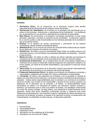 10
Variables:
1. PERTINENCIA SOCIAL: Es el compromiso de la educación superior para atender
adecuadamente las demandas de los sectores menos favorecidos.
2. CENTRALIDAD DEL APRENDIZAJE: Es el énfasis en el paradigma del aprendizaje que ce
centra en los procesos, motivaciones y necesidades de los estudiantes. Los profesores
son co-aprendices con sus alumnos y diseñadores de ambientes de aprendizaje.
3. BIEN PÚBLICO. El conocimiento y la formación universitaria representan un bien social
generado, trasmitido y recreado en beneficio de las sociedades. La educación superior
es un servicio publico y está comprometida con los intereses generales de la sociedad en
que se encuentra inserta.
4. EQUIDAD: Es la garantía de acceso, permanencia y culminación de los estudios
universitarios. Abarca también la equidad de género
5. DIMENSIÓN ÉTICA: Es el conjunto de normas de comportamiento institucional que regulan
el uso óptimo de recursos y la rendición de cuentas.
6. PROSPECTIVA: Se refiere a que las universidades deben dirigir sus análisis críticos a los
escenarios futuros y a la formulación de propuestas alternativas de desarrollo. Contribuir
a crear el futuro.
7. MISIÓN CULTURAL: Se refiere al cultivo y difusión de valores culturales que favorecen la
vinculación de las universidades con la comunidad local, regional, nacional y global.
8. COOPERACIÓN INTERNACIONAL: Es el fortalecimiento de las comunidades académicas y
científicas de los países en desarrollo mediante programas de cooperación solidaria y de
mutuo respeto, por parte de los países desarrollados y que propicien la reducción de las
asimetrías.
9. VINCULACIÓN: Es el compromiso de la educación superior para atender adecuadamente
las demandas de la economía y a la evolución del mundo del trabajo.
10. FORMACIÓN UNIVERSITARIA CRÍTICA: Se refiere a la formación de ciudadanos concientes y
responsables, ciudadanos para el siglo XXI, críticos, participativos y responsables.
11. AUTONOMÍA: Se refiere a las relaciones con el Estado y con la sociedad; la libertad de
cátedra a la vida interna de la institución; y al derecho humano a la libertad de pensamiento y
expresión. Implica serias responsabilidades para la sociedad y se concreta en la rendición
social de cuentas, que muestre el uso responsable y racional de los recursos puestos a la
disposición de la educación por la sociedad y el Estado. La Responsabilidad Social
Universitaria se refiere a la necesidad de diseñar una educación superior proactiva y
dinámica, que demanda para su éxito una política de Estado, una estrategia consensuada
con todos los actores sociales, de largo aliento, que trascienda el ámbito temporal de los
gobiernos, donde cada sector interesado comprometa recursos y esfuerzos para hacer
realidad las trasnformaciones. Una educación superior impregnada de valores asociados a la
promoción de la libertad, la justicia, el respeto a los derechos humanos, la preservación del
medioambiente, la solidaridad, la cultura de paz y el desarrollo sostenible.
Indicadores:
1. Normas Éticas
2. Imparcialidad Política
3. Capacidad Crítica
4. Articulación con los problemas de la Sociedad
5. Articulación con el mundo del Trabajo.
 