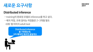 새로운 요구사항
Distributed inference
- training이 완료된 모델로 inference를 하고 싶다.
- 배치 작업, 오래 걸리는 작업들은 2~3개월 필요
사례: 웹 이미지 adult test
Distributed inference
를 구현했는데,
GPU할당만 해주면 돌릴께요
 