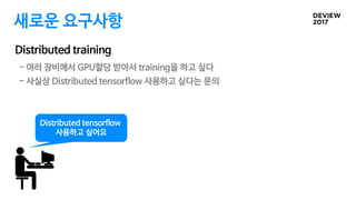 새로운 요구사항
Distributed training
- 여러 장비에서 GPU할당 받아서 training을 하고 싶다
- 사실상 Distributed tensorflow 사용하고 싶다는 문의
Distributed tensorflow
사용하고 싶어요
 