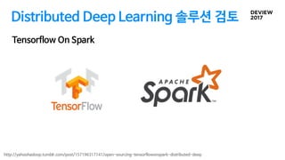 Distributed Deep Learning 솔루션 검토
Tensorflow On Spark
http://yahoohadoop.tumblr.com/post/157196317141/open-sourcing-tensorflowonspark-distributed-deep
 