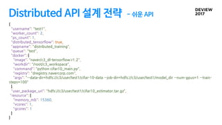 Distributed API 설계 전략 - 쉬운 API
{
"username": "test1",
"worker_count": 2,
"ps_count": 1,
"distributed_tensorflow": true,
"appname": "distributed_training",
"queue": "test",
"docker": {
"image": "naver/c3_dl-tensorflow:r1.2",
"workdir": "/root/c3_workspace",
"command": "python cifar10_main.py",
"registry": "dregistry.navercorp.com",
"args": "--data-dir=hdfs://c3/user/test1/cifar-10-data --job-dir=hdfs://c3/user/test1/model_dir --num-gpus=1 --train-
steps=100"
},
"user_package_uri": "hdfs://c3/user/test1/cifar10_estimator.tar.gz”,
"resource": {
"memory_mb": 15360,
"vcores": 1,
"gcores": 1
}
}
 