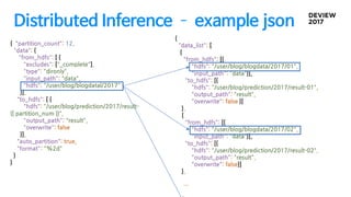 Distributed Inference ­ example json
{ "partition_count": 12,
"data": {
"from_hdfs": [ {
"excludes": ["_complete"],
"type": "dironly",
"input_path": "data",
"hdfs": "/user/blog/blogdatal/2017"
}],
"to_hdfs": [ {
"hdfs": "/user/blog/prediction/2017/result-
{{ partition_num }}",
"output_path": "result",
"overwrite": false
}],
"auto_partition": true,
"format": "%2d"
}
}
{
"data_list": [
{
"from_hdfs": [{
"hdfs": "/user/blog/blogdata/2017/01",
"input_path": "data"}],
"to_hdfs": [{
"hdfs": "/user/blog/prediction/2017/result-01",
"output_path": "result",
"overwrite": false }]
},
{
"from_hdfs": [{
"hdfs": "/user/blog/blogdata/2017/02",
"input_path": "data"}],
"to_hdfs": [{
"hdfs": "/user/blog/prediction/2017/result-02",
"output_path": "result",
"overwrite": false}]
},
…
 