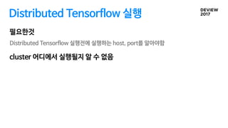 Distributed Tensorflow 실행
Distributed Tensorflow 실행전에 실행하는 host, port를 알아야함
필요한것
cluster 어디에서 실행될지 알 수 없음
 