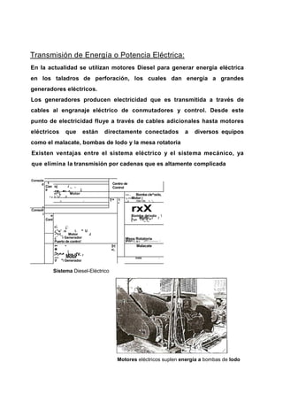 Transmisión de Energía o Potencia Eléctrica:
En la actualidad se utilizan motores Diesel para generar energía eléctrica
en los taladros de perforación, los cuales dan energía a grandes
generadores eléctricos.
Los generadores producen electricidad que es transmitida a través de
cables al engranaje eléctrico de conmutadores y control. Desde este
punto de electricidad fluye a través de cables adicionales hasta motores
eléctricos que están directamente conectados a diversos equipos
como el malacate, bombas de lodo y la mesa rotatoria
Existen ventajas entre el sistema eléctrico y el sistema mecánico, ya
que elimina la transmisión por cadenas que es altamente complicada
Consola
d 1
Con
lr
1
'::
Centro de
Coniroloj í _ ,
ífef*j—j
srí^L Motor
| ',-J
. J
— . Bomba cle^oclo,
-, —Motor |
__y í'ÜA>*»fl« 'L *_C- • : T^ 1
E
rxX
Bomba deodo 
j MótSr r í /
j*»> - <_ i_^
J
Consolí
í e
Conl
«i. ¿:
¿*u' .u i. ^ U
-^t-l_ Motor J
¿' i Generador
Puerto de contro!
Mesa Rotatoriaiwyyv _. — / ............. -1 --- ^ Í - H > _ -.
>• •
*/>-•-• [
— -rv. r,..; Motor
f " Generador
S<t
IÉÍ_
Malacate
S33E& i
Sistema Diesel-Eléctrico
Motores eléctricos suplen energía a bombas de lodo
 