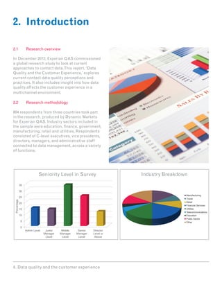 2. Introduction

2.1	               Research overview

In December 2012, Experian QAS commissioned
a global research study to look at current
approaches to contact data. This report, ‘Data
Quality and the Customer Experience,’ explores
current contact data quality perceptions and
practices. It also includes insight into how data
quality affects the customer experience in a
multichannel environment.

2.2	               Research methodology

804 respondents from three countries took part
in the research, produced by Dynamic Markets
for Experian QAS. Industry sectors included in
the sample were education, finance, government,
manufacturing, retail and utilities. Respondents
consisted of C-level executives, vice presidents,
directors, managers, and administrative staff
connected to data management, across a variety
of functions.




                            Seniority Level in Survey                     Industry Breakdown

              35

              30
                                                                                           Manufacturing
              25
                                                                                           Travel
 Percentage




                                                                                           Retail
              20
                                                                                           Financial Services
              15                                                                           Utilities
                                                                                           Telecommunications
              10                                                                           Education
                                                                                           Public Sector
              5                                                                            Other

              0
                   Admin Level    Junior    Middle    Senior   Director
                                 Manager   Manager   Manager   Level or
                                  Level     Level     Level     Above




4. Data quality and the customer experience
 
