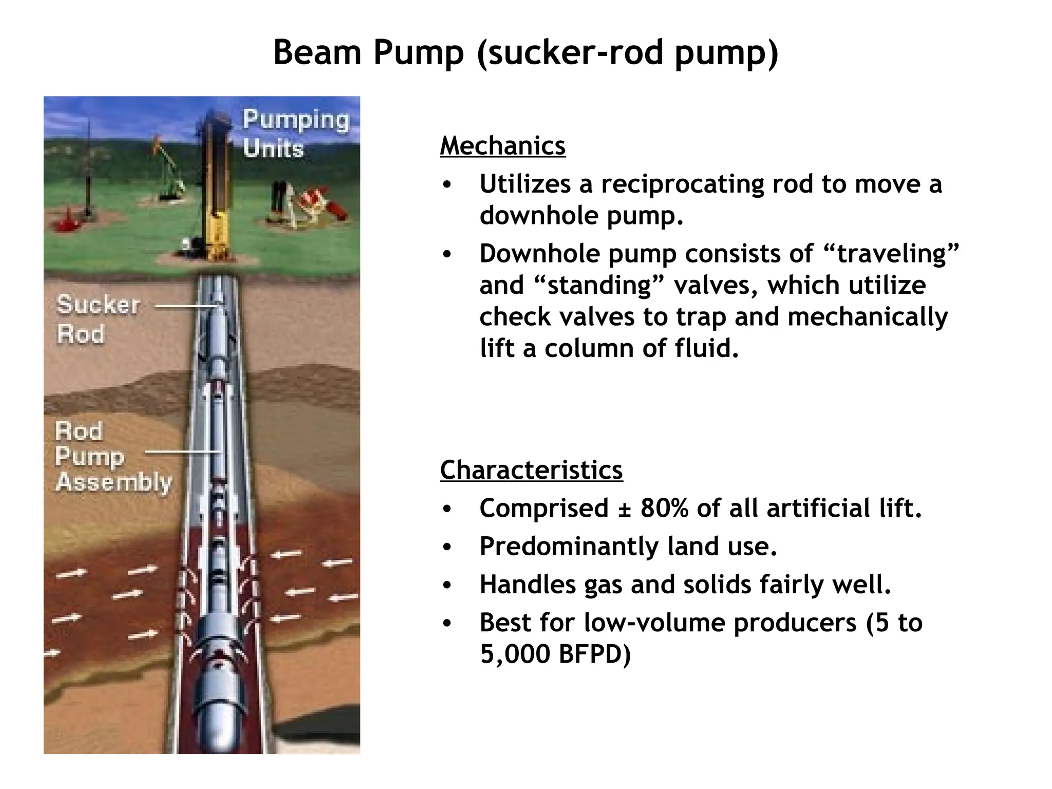 Beam Pump (sucker-rod pump)
Mechanics
• Utilizes a reciprocating rod to move a
downhole pump.
• Downhole pump consists of “traveling”
and “standing” valves, which utilize
check valves to trap and mechanically
lift a column of fluid.
Characteristics
• Comprised ± 80% of all artificial lift.
• Predominantly land use.
• Handles gas and solids fairly well.
• Best for low-volume producers (5 to
5,000 BFPD)
 