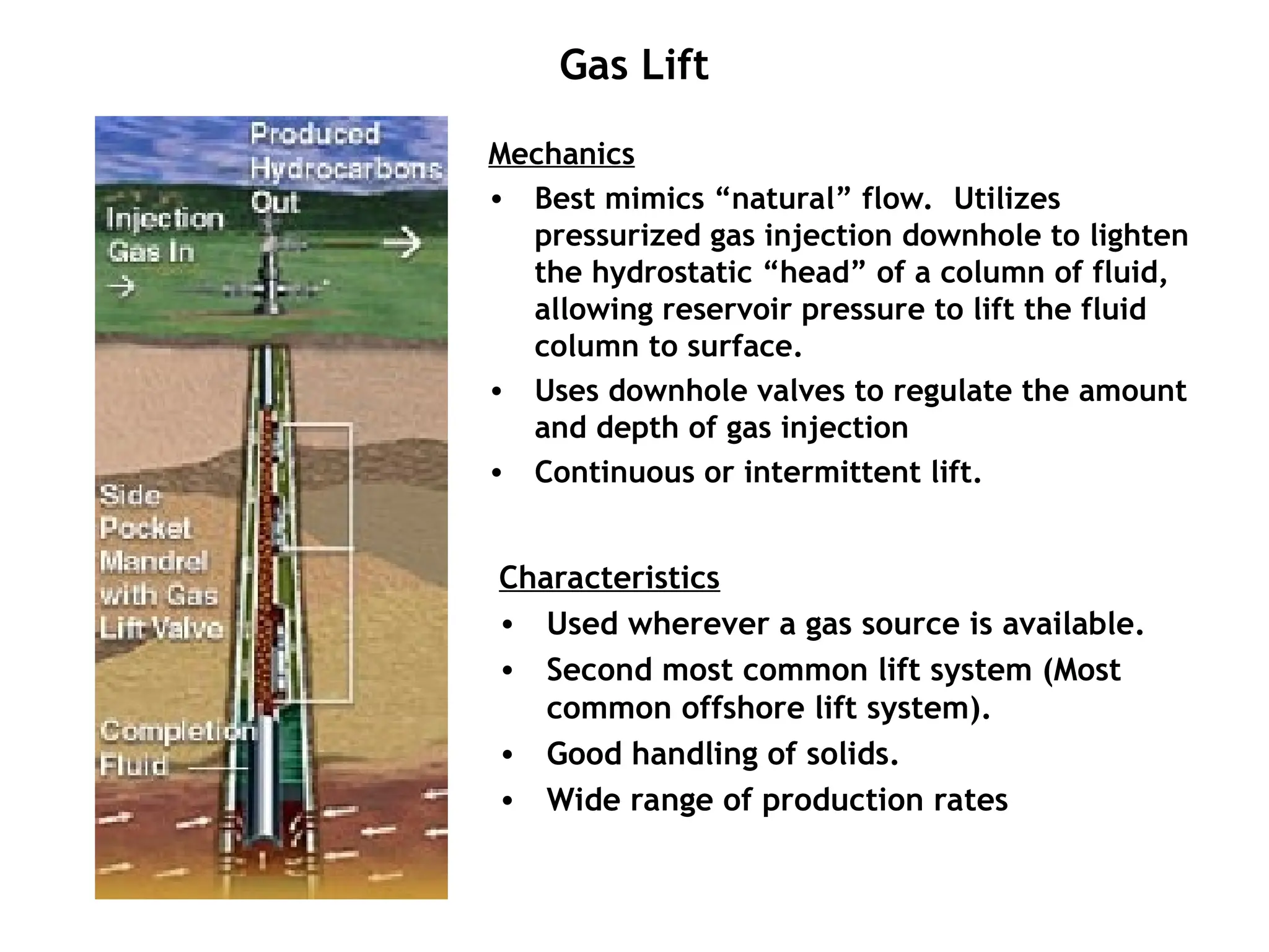 Gas Lift
Mechanics
• Best mimics “natural” flow. Utilizes
pressurized gas injection downhole to lighten
the hydrostatic “head” of a column of fluid,
allowing reservoir pressure to lift the fluid
column to surface.
• Uses downhole valves to regulate the amount
and depth of gas injection
• Continuous or intermittent lift.
Characteristics
• Used wherever a gas source is available.
• Second most common lift system (Most
common offshore lift system).
• Good handling of solids.
• Wide range of production rates
 
