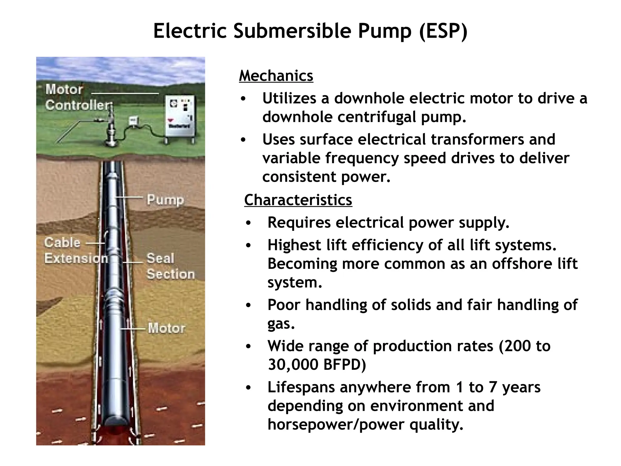 Electric Submersible Pump (ESP)
Mechanics
• Utilizes a downhole electric motor to drive a
downhole centrifugal pump.
• Uses surface electrical transformers and
variable frequency speed drives to deliver
consistent power.
Characteristics
• Requires electrical power supply.
• Highest lift efficiency of all lift systems.
Becoming more common as an offshore lift
system.
• Poor handling of solids and fair handling of
gas.
• Wide range of production rates (200 to
30,000 BFPD)
• Lifespans anywhere from 1 to 7 years
depending on environment and
horsepower/power quality.
 