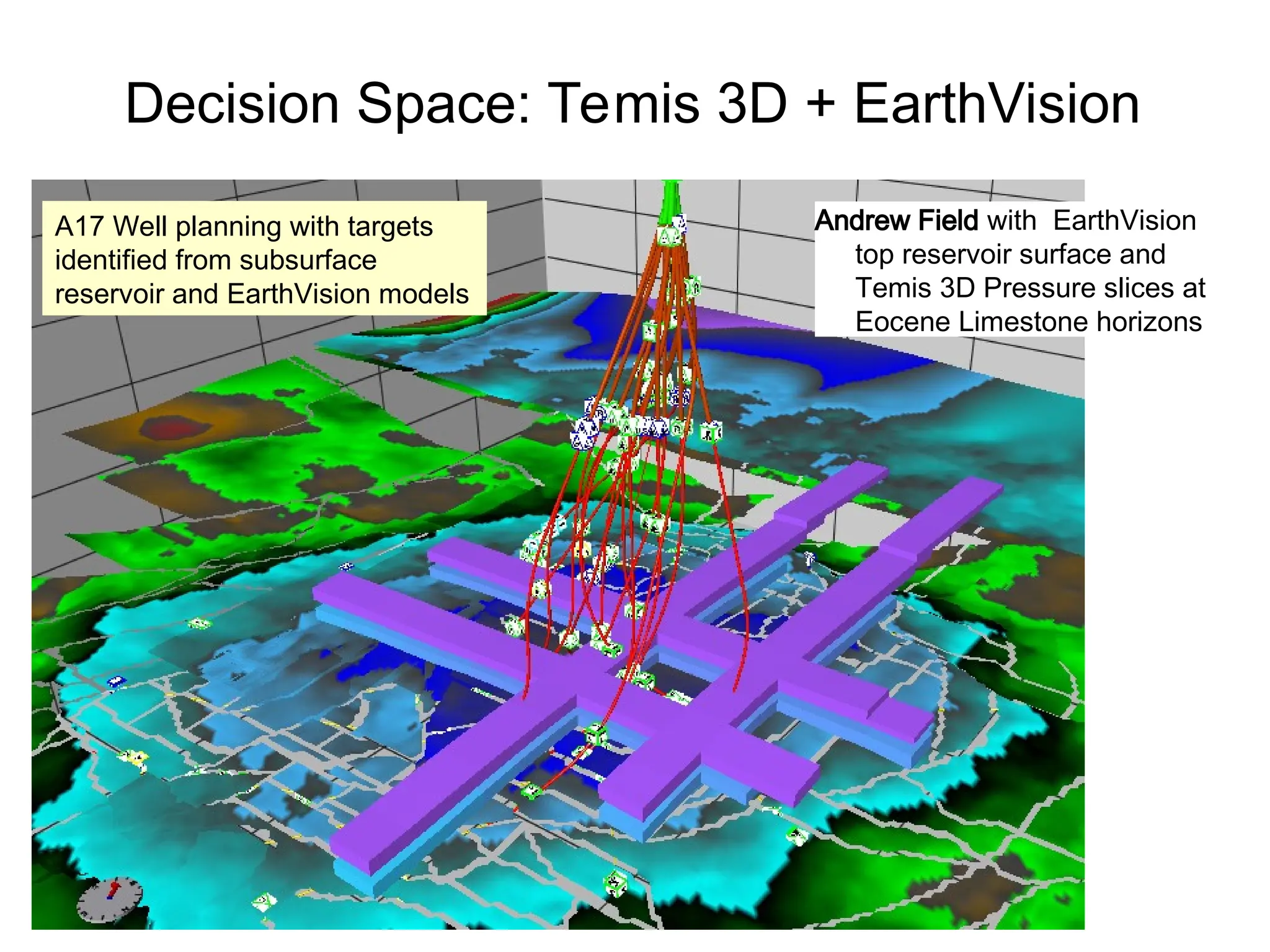 Decision Space: Temis 3D + EarthVision
Andrew Field with EarthVision
top reservoir surface and
Temis 3D Pressure slices at
Eocene Limestone horizons
A17 Well planning with targets
identified from subsurface
reservoir and EarthVision models
 