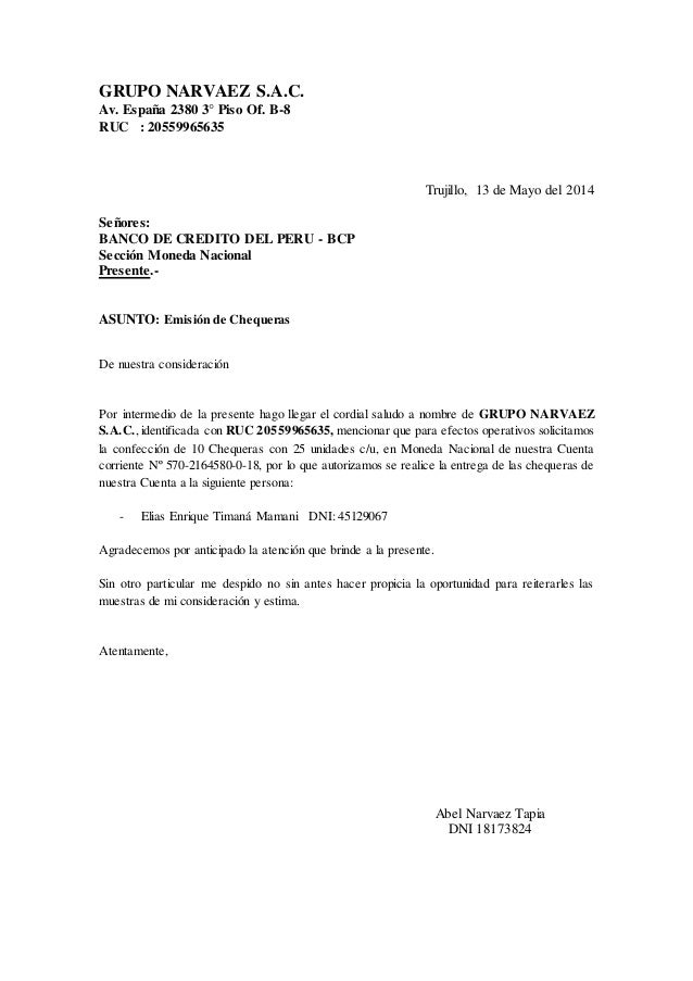 225296457 Carta A Bcp Solicitud De Chequeras