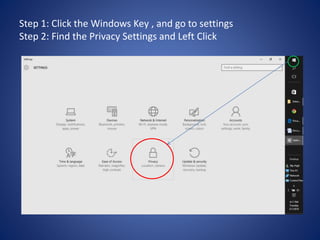 Step 1: Click the Windows Key , and go to settings
Step 2: Find the Privacy Settings and Left Click
 