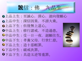 上品上生：至誠心．深心．迴向發願心 上品中生：深信因果．不謗大乘。 上品下生：但發無上道心。 中品上生：修行諸戒．不造過患。 中品中生：受一日一夜．迴願往生。 中品下生：孝養父母．行世仁慈。 下品上生：造十惡輕罪。 下品中生：破戒次罪。 下品下生：具造五逆等重罪。 誠信：佛說九品生   