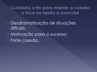  Desdramatização de situações
difíceis;
 Motivação para o sucesso;
 Forte coesão.
 