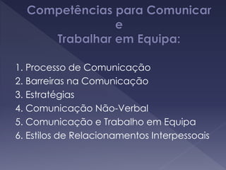 1. Processo de Comunicação
2. Barreiras na Comunicação
3. Estratégias
4. Comunicação Não-Verbal
5. Comunicação e Trabalho em Equipa
6. Estilos de Relacionamentos Interpessoais
 