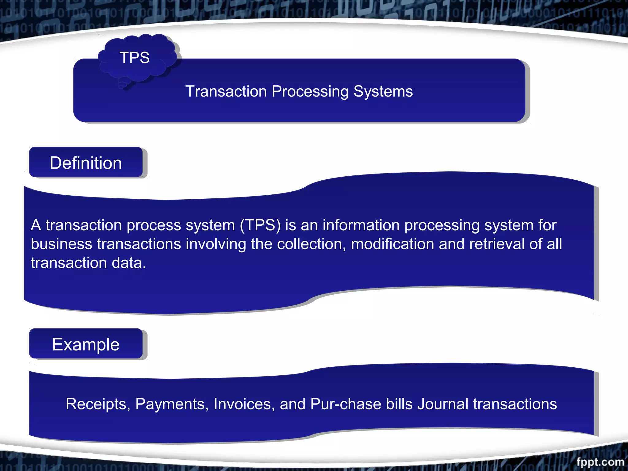 Transaction Processing SystemsTransaction Processing Systems
DefinitionDefinition
A transaction process system (TPS) is an information processing system for
business transactions involving the collection, modification and retrieval of all
transaction data.
A transaction process system (TPS) is an information processing system for
business transactions involving the collection, modification and retrieval of all
transaction data.
ExampleExample
Receipts, Payments, Invoices, and Pur­chase bills Journal transactionsReceipts, Payments, Invoices, and Pur­chase bills Journal transactions
TPSTPS
 