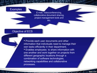 ExamplesExamples
Objective of ECSObjective of ECS
 Provide each user documents and other
information that individuals need to manage their
own tasks efficiently in their department.
 Enables employees to share information with
one another and work together on projects from
different geographic locations through a
combination of software technologies,
networking capabilities and collaborative
processes.
 Provide each user documents and other
information that individuals need to manage their
own tasks efficiently in their department.
 Enables employees to share information with
one another and work together on projects from
different geographic locations through a
combination of software technologies,
networking capabilities and collaborative
processes.
E-mail, videoconferencing,
collaborative document sharing,
project management tools and
etc.
E-mail, videoconferencing,
collaborative document sharing,
project management tools and
etc.
 