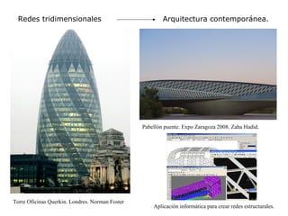 Redes tridimensionales                                 Arquitectura contemporánea.




                                                 Pabellón puente. Expo Zaragoza 2008. Zaha Hadid.




Torre Oficinas Querkin. Londres. Norman Foster
                                                     Aplicación informática para crear redes estructurales.
 