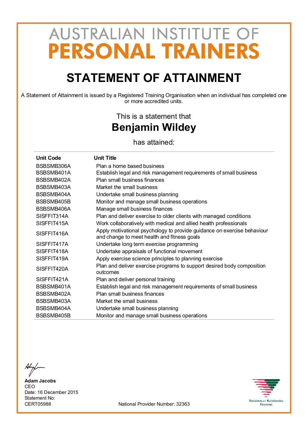 Certificate IV in Fitness SIS40210 AIPT Transcript P1 and 2