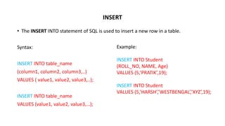 • The INSERT INTO statement of SQL is used to insert a new row in a table.
Syntax:
INSERT INTO table_name
(column1, column2, column3,..)
VALUES ( value1, value2, value3,..);
INSERT INTO table_name
VALUES (value1, value2, value3,…);
INSERT
Example:
INSERT INTO Student
(ROLL_NO, NAME, Age)
VALUES (5,’PRATIK’,19);
INSERT INTO Student
VALUES (5,’HARSH’,’WESTBENGAL’,’XYZ’,19);
 