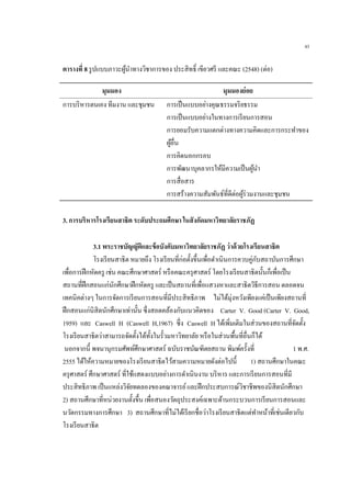 43
ตารางที่ 8 รูปแบบภาวะผู้นาทางวิชาการของ ประสิทธิ์ เขียวศรี และคณะ (2548) (ต่อ)
มุมมอง มุมมองย่อย
การบริหารตนเอง ทีมงาน และชุมชน การเป็นแบบอย่างคุณธรรมจริยธรรม
การเป็นแบบอย่างในทางการเรียนการสอน
การยอมรับความแตกต่างทางความคิดและการกระทาของ
ผู้อื่น
การคิดนอกกรอบ
การพัฒนาบุคลากรให้มีความเป็นผู้นา
การสื่อสาร
การสร้างความสัมพันธ์ที่ดีต่อผู้ร่วมงานและชุมชน
3. การบริหารโรงเรียนสาธิต ระดับประถมศึกษา ในสังกัดมหาวิทยาลัยราชภัฏ
3.1 พระราชบัญญัติและข้อบังคับมหาวิทยาลัยราชภัฏ ว่าด้วยโรงเรียนสาธิต
โรงเรียนสาธิต หมายถึง โรงเรียนที่ก่อตั้งขึ้นเพื่อดาเนินการควบคู่กับสถาบันการศึกษา
เพื่อการฝึกหัดครู เช่น คณะศึกษาศาสตร์ หรือคณะครุศาสตร์ โดยโรงเรียนสาธิตนั้นก็เพื่อเป็น
สถานที่ฝึกสอนแก่นักศึกษาฝึกหัดครู และเป็นสถานที่เพื่อแสวงหาและสาธิตวิธีการสอน ตลอดจน
เทคนิคต่างๆ ในการจัดการเรียนการสอนที่มีประสิทธิภาพ ไม่ได้มุ่งหวังเพียงแค่เป็นเพียงสถานที่
ฝึกสอนแก่นิสิตนักศึกษาเท่านั้น ซึ่งสอดคล้องกับแนวคิดของ Carter V. Good (Carter V. Good,
1959) และ Caswell H (Caswell H,1967) ซึ่ง Caswell H ได้เพิ่มเติมในส่วนของสถานที่จัดตั้ง
โรงเรียนสาธิตว่าสามารถจัดตั้งได้ทั้งในรั้วมหาวิทยาลัย หรือในส่วนพื้นที่อื่นก็ได้
นอกจากนี้ พจนานุกรมศัพท์ศึกษาศาสตร์ ฉบับราชบัณฑิตยสถาน พิมพ์ครั้งที่ 1 พ.ศ.
2555 ได้ให้ความหมายของโรงเรียนสาธิตไว้สามความหมายดังต่อไปนี้ 1) สถานศึกษาในคณะ
ครุศาสตร์ ศึกษาศาสตร์ ที่ใช้แสดงแบบอย่างการดาเนินงาน บริหาร และการเรียนการสอนที่มี
ประสิทธิภาพ เป็นแหล่งวิจัยทดลองของคณาจารย์และฝึกประสบการณ์วิชาชีพของนิสิตนักศึกษา
2) สถานศึกษาที่หน่วยงานตั้งขึ้น เพื่อสนองวัตถุประสงค์เฉพาะด้านกระบวนการเรียนการสอนและ
นวัตกรรมทางการศึกษา 3) สถานศึกษาที่ไม่ได้เรียกชื่อว่าโรงเรียนสาธิตแต่ทาหน้าที่เช่นเดียวกับ
โรงเรียนสาธิต
 