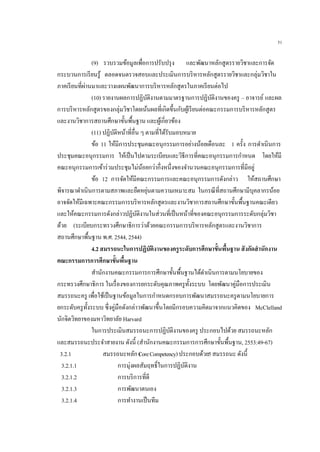 51
(9) รวบรวมข้อมูลเพื่อการปรับปรุง และพัฒนาหลักสูตรรายวิชาและการจัด
กระบวนการเรียนรู้ ตลอดจนตรวจสอบและประเมินการบริหารหลักสูตรรายวิชาและกลุ่มวิชาใน
ภาคเรียนที่ผ่านมาและวางแผนพัฒนาการบริหารหลักสูตรในภาคเรียนต่อไป
(10) รายงานผลการปฏิบัติงานตามมาตรฐานการปฏิบัติงานของครู – อาจารย์ และผล
การบริหารหลักสูตรของกลุ่มวิชาโดยเน้นผลที่เกิดขึ้นกับผู้เรียนต่อคณะกรรมการบริหารหลักสูตร
และงานวิชาการสถานศึกษาขั้นพื้นฐาน และผู้เกี่ยวข้อง
(11) ปฏิบัติหน้าที่อื่น ๆ ตามที่ได้รับมอบหมาย
ข้อ 11 ให้มีการประชุมคณะอนุกรรมการอย่างน้อยเดือนละ 1 ครั้ง การดาเนินการ
ประชุมคณะอนุกรรมการ ให้เป็นไปตามระเบียบและวิธีการที่คณะอนุกรรมการกาหนด โดยให้มี
คณะอนุกรรมการเข้าร่วมประชุมไม่น้อยกว่ากึ่งหนึ่งของจานวนคณะอนุกรรมการที่มีอยู่
ข้อ 12 การจัดให้มีคณะกรรมการและคณะอนุกรรมการดังกล่าว ให้สถานศึกษา
พิจารณาดาเนินการตามสภาพและยืดหยุ่นตามความเหมาะสม ในกรณีที่สถานศึกษามีบุคลากรน้อย
อาจจัดให้มีเฉพาะคณะกรรมการบริหารหลักสูตรและงานวิชาการสถานศึกษาขั้นพื้นฐานคณะเดียว
และให้คณะกรรมการดังกล่าวปฏิบัติงานในส่วนที่เป็นหน้าที่ของคณะอนุกรรมการระดับกลุ่มวิชา
ด้วย (ระเบียบกระทรวงศึกษาธิการว่าด้วยคณะกรรมการบริหารหลักสูตรและงานวิชาการ
สถานศึกษาพื้นฐาน พ.ศ. 2544, 2544)
4.2 สมรรถนะในการปฏิบัติงานของครูระดับการศึกษาขั้นพื้นฐาน สังกัดสานักงาน
คณะกรรมการการศึกษาขั้นพื้นฐาน
สานักงานคณะกรรมการการศึกษาขั้นพื้นฐานได้ดาเนินการตามนโยบายของ
กระทรวงศึกษาธิการ ในเรื่องของการยกระดับคุณภาพครูทั้งระบบ โดยพัฒนาคู่มือการประเมิน
สมรรถนะครู เพื่อใช้เป็นฐานข้อมูลในการกาหนดกรอบการพัฒนาสมรรถนะครูตามนโยบายการ
ยกระดับครูทั้งระบบ ซึ่งคู่มือดังกล่าวพัฒนาขึ้นโดยมีกรอบความคิดมาจากแนวคิดของ McClelland
นักจิตวิทยาของมหาวิทยาลัย Harvard
ในการประเมินสมรรถนะการปฏิบัติงานของครู ประกอบไปด้วย สมรรถนะหลัก
และสมรรถนะประจาสายงาน ดังนี้ (สานักงานคณะกรรมการการศึกษาขั้นพื้นฐาน, 2553:49-67)
3.2.1 สมรรถนะหลัก (CoreCompetency)ประกอบด้วย5สมรรถนะ ดังนี้
3.2.1.1 การมุ่งผลสัมฤทธิ์ในการปฏิบัติงาน
3.2.1.2 การบริการที่ดี
3.2.1.3 การพัฒนาตนเอง
3.2.1.4 การทางานเป็นทีม
 