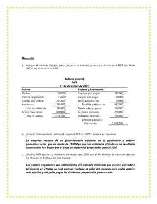 Desarrollo
a. Aplique el método de juicio para preparar un balance general pro forma para NCR con fecha
del 31 de diciembre de 2002.
Balance general
NCR
31 de diciembre de 2001
Activos Pasivos y Patrimonio
Efectivo 50,000 Cuentas por pagar 395,000
Valores negociables 15,000 Cargos por pagar 60,000
Cuentas por cobrar 255,000 Otros pasivos ctes. 30,000
Inventarios 398,000 Total de pasivos ctes. 485,000
Total de activo cte. 718,000 Deuda a largo plazo 350,000
Activos fijos netos 600,000 Acciones comunes 200,000
Total de activos 1,318,000 Utilidades retenidas 150,000
Total de pasivos y
Patrimonio 1,185,000
b. ¿Cuánto financiamiento adicional requerirá NCR en 2002? Analice su respuesta.
La empresa requería de un financiamiento adicional en su patrimonio u obtener
ganancias netas por un monto de 133000 ya que las utilidades retenidas o los resultados
acumulados han bajara por el pago de dividendos proyectados para el 2002
c. ¿Podría NCR ajustar su dividendo planeado para 2002 con el fin de evitar la situación descrita
en el inciso b? Explique de qué manera.
Los valores negociables son instrumentos del mercado monetario que pueden convertirse
fácilmente en efectivo lo cual podrían venderse al valor del mercado para poder obtener
más efectivo y así poder pagar los dividendos proyectados para ese año.
 