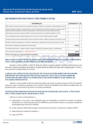 20
Manual de Preenchimento da Declaração de Ajuste Anual
Pessoa Física da Receita Federal do Brasil IRPF 2012
IRPF 2012
RENDIMENTOS ISENTOS E NÃO-TRIBUTÁVEIS
DISCRIMINAÇÃO RENDIMENTOS – R$
Bolsa de estudo e pesquisa, desde que não represente vantagem ao doador e não caracterize contraprestação de serviços
Capital das apólices de seguro ou pecúlio pago por morte do segurado, prêmio de seguro restituído em qualquer caso e
pecúlio recebido de entidades de previdência complementar em decorrência de morte ou invalidez permanente
Indenizações por rescisão de contrato de trabalho, inclusive a título de PDV, e por acidente de trabalho; e FGTS
Lucro na alienação de bens e direitos de pequeno valor e/ou do único imóvel; redução do ganho de capital
Parcela isenta de proventos de aposentadoria, reserva remunerada, reforma e pensão de declarante com 65 anos ou mais
Pensão, proventos de aposentadoria ou reforma por moléstia grave e aposentadoria ou reforma por acidente em serviço
Rendimentos de cadernetas de poupança e letras hipotecárias 1.200,00
Transferências patrimoniais – doações, heranças, meações e dissolução da sociedade conjugal ou unidade familiar
Outros rendimentos (especifique) (ex.: Restituição IRPF/2011) 540,00
TOTAL (transportado para a linha de APURAÇÃO DO IMPOSTO) 1.740,00
BOLSA DE ESTUDO E PESQUISA DESDE QUE NÃO REPRESENTE VANTAGEM AO DOADOR E
NÃO CARACTERIZE CONTRAPRESTAÇÃO DE SERVIÇOS
Informe o valor recebido a título de bolsa de estudo e pesquisa quando recebida exclusivamente para
proceder a estudo ou pesquisa, desde que o resultado dessas atividades não represente vantagem para o doador e
não caracterize contraprestação de serviços.
CAPITAL DAS APÓLICES DE SEGURO OU PECÚLIO PAGO POR MORTE DO SEGURADO,
PRÊMIO DE SEGURO RESTITUÍDO EM QUALQUER CASO E PECÚLIO RECEBIDO DE
ENTIDADES DE PREVIDÊNCIA COMPLEMENTAR EM DECORRÊNCIA DE MORTE OU
INVALIDEZ PERMANENTE
Informe o valor recebido a título de capital das apólices de seguro ou pecúlio pago por morte do segurado,
prêmio de seguro restituído em qualquer caso e pecúlio recebido de entidades de previdência complementar, em
prestação única, em decorrência de morte ou invalidez permanente.
INDENIZAÇÕES POR RESCISÃO DE CONTRATO DE TRABALHO, INCLUSIVE A TÍTULO DE
PDV, E POR ACIDENTE DE TRABALHO; E FGTS
Informe os valores correspondentes a:
a) indenização e aviso prévio não trabalhado pagos por despedida ou rescisão de contrato de trabalho
assalariado, até o limite garantido pela lei trabalhista ou por dissídio coletivo e convenções trabalhistas
homologados pela Justiça do Trabalho;
b) verbas especiais indenizatórias pagas em decorrência de incentivo à demissão voluntária (PDV);
c) indenização por acidente de trabalho; e
d) saque de FGTS.
 
