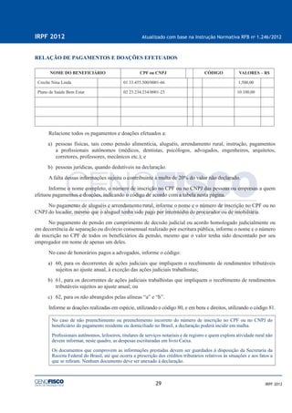 29
IRPF 2012 Atualizado com base na Instrução Normativa RFB no
1.246/2012
IRPF 2012
RELAÇÃO DE PAGAMENTOS E DOAÇÕES EFETUADOS
NOME DO BENEFICIÁRIO CPF ou CNPJ CÓDIGO VALORES – R$
Creche Nina Linda 01 33.455.500/0001-66 1,500,00
Plano de Saúde Bem Estar 02 23.234.234/0001-23 10.100,00
Relacione todos os pagamentos e doações efetuados a:
a) pessoas físicas, tais como pensão alimentícia, aluguéis, arrendamento rural, instrução, pagamentos
a proﬁssionais autônomos (médicos, dentistas, psicólogos, advogados, engenheiros, arquitetos,
corretores, professores, mecânicos etc.); e
b) pessoas jurídicas, quando dedutíveis na declaração.
A falta dessas informações sujeita o contribuinte à multa de 20% do valor não declarado.
Informe o nome completo, o número de inscrição no CPF ou no CNPJ das pessoas ou empresas a quem
efetuou pagamentos e doações, indicando o código de acordo com a tabela nesta página.
No pagamento de aluguéis e arrendamento rural, informe o nome e o número de inscrição no CPF ou no
CNPJ do locador, mesmo que o aluguel tenha sido pago por intermédio de procurador ou de imobiliária.
No pagamento de pensão em cumprimento de decisão judicial ou acordo homologado judicialmente ou
em decorrência de separação ou divórcio consensual realizado por escritura pública, informe o nome e o número
de inscrição no CPF de todos os beneﬁciários da pensão, mesmo que o valor tenha sido descontado por seu
empregador em nome de apenas um deles.
No caso de honorários pagos a advogados, informe o código:
a) 60, para os decorrentes de ações judiciais que impliquem o recebimento de rendimentos tributáveis
sujeitos ao ajuste anual, à exceção das ações judiciais trabalhistas;
b) 61, para os decorrentes de ações judiciais trabalhistas que impliquem o recebimento de rendimentos
tributáveis sujeitos ao ajuste anual; ou
c) 62, para os não abrangidos pelas alíneas “a” e “b”.
Informe as doações realizadas em espécie, utilizando o código 80, e em bens e direitos, utilizando o código 81.
No caso de não preenchimento ou preenchimento incorreto do número de inscrição no CPF ou no CNPJ do
beneﬁciário do pagamento residente ou domiciliado no Brasil, a declaração poderá incidir em malha.
Proﬁssionais autônomos, leiloeiros, titulares de serviços notariais e de registro e quem explora atividade rural não
devem informar, neste quadro, as despesas escrituradas em livro Caixa.
Os documentos que comprovem as informações prestadas devem ser guardados à disposição da Secretaria da
Receita Federal do Brasil, até que ocorra a prescrição dos créditos tributários relativos às situações e aos fatos a
que se reﬁram. Nenhum documento deve ser anexado à declaração.
 