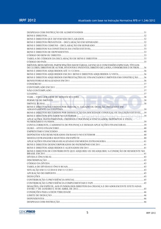5
IRPF 2012 Atualizado com base na Instrução Normativa RFB no
1.246/2012
IRPF 2012
DESPESAS COM INSTRUÇÃO DE ALIMENTANDOS ...................................................................................................31
BENS E DIREITOS...............................................................................................................................................................32
BENS E DIREITOS QUE DEVEM SER DECLARADOS..................................................................................................32
BENS E DIREITOS PRIVATIVOS – DECLARAÇÃO EM SEPARADO...........................................................................32
BENS E DIREITOS COMUNS – DECLARAÇÃO EM SEPARADO.................................................................................32
BENS E DIREITOS NA CONSTÂNCIA DA UNIÃO ESTÁVEL.......................................................................................33
BENS E DIREITOS DE DEPENDENTES ...........................................................................................................................33
CÓDIGO DO BEM OU DIREITO........................................................................................................................................33
TABELA DE CÓDIGOS DA DECLARAÇÃO DE BENS E DIREITOS ............................................................................33
CÓDIGO DO PAÍS................................................................................................................................................................35
IMÓVEIS, BENS MÓVEIS, PARTICIPAÇÕES SOCIETÁRIAS, LICENÇAS E CONCESSÕES ESPECIAIS, TÍTULOS
DE CLUBES, DIREITOS DEAUTOR, INVENTOS E PATENTES, DIREITO DE LAVRA, CONSÓRCIOS E OUTROS........36
BENS E DIREITOS ADQUIRIDOS ATÉ 31/12/2010..........................................................................................................36
BENS E DIREITOS ADQUIRIDOS EM 2011 BENS E DIREITOS ADQUIRIDOS À VISTA..........................................36
BENS E DIREITOS ADQUIRIDOS EM PRESTAÇÕES OU FINANCIADOS E IMÓVEIS EM CONSTRUÇÃO .........36
BENFEITORIAS REALIZADAS EM 2011 .........................................................................................................................36
CONSÓRCIO ........................................................................................................................................................................37
CONTEMPLADO EM 2011 .................................................................................................................................................37
NÃO CONTEMPLADO........................................................................................................................................................37
LEASING ..............................................................................................................................................................................37
VGBL – VIDA GERADOR DE BENEFÍCIO LIVRE..........................................................................................................38
PERMUTA DE IMÓVEIS.....................................................................................................................................................38
IMÓVEL RURAL..................................................................................................................................................................38
BENS E DIREITOS RECEBIDOS POR HERANÇA, LEGADO OU DOAÇÃO, INCLUSIVE EM
ADIANTAMENTO DA LEGÍTIMA.....................................................................................................................................39
BENS E DIREITOS RECEBIDOS POR DISSOLUÇÃO DA SOCIEDADE CONJUGAL OU DA UNIÃO ESTÁVEL.....39
BENS E DIREITOS SITUADOS NO EXTERIOR ..............................................................................................................39
APLICAÇÕES, INVESTIMENTOS, CRÉDITOS E POUPANÇA VINCULADOS, DEPÓSITOS À VISTA,
NUMERÁRIO E FUNDOS...................................................................................................................................................39
CONTA CORRENTE, CADERNETA DE POUPANÇA E DEMAIS APLICAÇÕES FINANCEIRAS..............................39
OURO – ATIVO FINANCEIRO ...........................................................................................................................................40
EMPRÉSTIMO CONCEDIDO .............................................................................................................................................40
DEPÓSITOS NÃO REMUNERADOS EM BANCO NO EXTERIOR ...............................................................................40
MOEDA ESTRANGEIRA MANTIDA EM ESPÉCIE.........................................................................................................40
APLICAÇÕES FINANCEIRAS REALIZADAS EM MOEDA ESTRANGEIRA..............................................................41
BENS E DIREITOS DESINCORPORADOS DO PATRIMÔNIO EM 2011.......................................................................41
BENS E DIREITOS ADQUIRIDOS E ALIENADOS EM 2011..........................................................................................41
BENS E DIREITOS DE CONTRIBUINTE QUE ADQUIRIU OU READQUIRIU A CONDIÇÃO DE RESIDENTE NO
BRASIL EM 2011..................................................................................................................................................................41
DÍVIDA E ÔNUS REAL.......................................................................................................................................................43
DISCRIMINAÇÃO ...............................................................................................................................................................43
CÓDIGO DA DÍVIDA ..........................................................................................................................................................43
TABELA DE DÍVIDAS E ÔNUS REAIS.............................................................................................................................43
SITUAÇÃO EM 31/12/2010 E EM 31/12/2011....................................................................................................................43
APURAÇÃO DO IMPOSTO ................................................................................................................................................45
DEDUÇÕES ..........................................................................................................................................................................45
CONTRIBUIÇÃO À PREVIDÊNCIA OFICIAL .................................................................................................................45
CONTRIBUIÇÃO À PREVIDÊNCIA COMPLEMENTAR E FAPI ...................................................................................45
DOAÇÕES, EM ESPÉCIE, AOS FUNDOS DOS DIREITOS DA CRIANÇA E DO ADOLESCENTE EFETUADAS
ENTRE 1º DE JANEIRO E 30 DE ABRIL DE 2012............................................................................................................45
CONDIÇÕES PARAA DEDUTIBILIDADE .......................................................................................................................46
LIMITE DE DEDUÇÃO.......................................................................................................................................................46
DEPENDENTES ...................................................................................................................................................................46
DESPESAS COM INSTRUÇÃO..........................................................................................................................................46
 