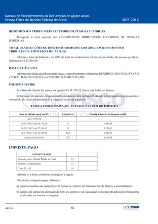 50
Manual de Preenchimento da Declaração de Ajuste Anual
Pessoa Física da Receita Federal do Brasil IRPF 2012
IRPF 2012
RENDIMENTOS TRIBUTÁVEIS RECEBIDOS DE PESSOAS JURÍDICAS
Transporte o total apurado em RENDIMENTOS TRIBUTÁVEIS RECEBIDOS DE PESSOAS
JURÍDICAS.
TOTAL DAS DEDUÇÕES OU DESCONTO SIMPLIFICADO (20% DOS RENDIMENTOS
TRIBUTÁVEIS, LIMITADO A R$ 13.916,36)
Informe o total da deduções, ou 20% do total do rendimentos tributáveis recebidos de pessoas jurídicas,
limitado a R$ 13.916,36.
BASE DE CÁLCULO
Informeoresultadodadiferençadaslinhas,respectivamente,referentesaRENDIMENTOSTRIBUTÁVEIS
e TOTAL DAS DEDUÇÕES ou DESCONTO SIMPLIFICADO.
IMPOSTO DEVIDO
Se a base de cálculo for menor ou igual a R$ 18.799,32, deixe esta linha em branco.
Se for superior, calcule o imposto multiplicando o valor da base de cálculo pela alíquota correspondente e
subtraindo do resultado encontrado a respectiva parcela a deduzir.
TABELA PROGRESSIVAANUAL PARA CÁLCULO DO IMPOSTO
Base de cálculo anual em R$ Alíquota % Parcela a deduzir do imposto em R$
Até 18.799,32 - -
De 18.799,33 até 28.174,20 7,5 1.409,95
De 28.174,21 até 37.566,12 15 3.523,01
De 37.566,13 até 46.939,56 22,5 6.340,47
Acima de 46.939,56 27,5 8.687,45
IMPOSTO PAGO
IMPOSTO PAGO
Imposto sobre a Renda Retido na Fonte 12
Imposto Complementar 13
Total 12 + 13 14
Informe os valores conforme instruções a seguir.
Não inclua o imposto pago relativo a:
a) ganhos líquidos nas operações em bolsas de valores, de mercadorias, de futuros e assemelhadas;
b) ganhos de capital na alienação de bens ou direitos e na liquidação ou resgate de aplicações ﬁnanceiras
realizadas em moeda estrangeira;
 