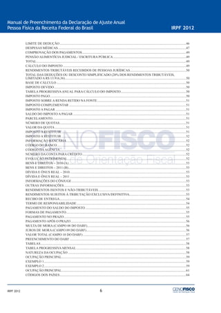 6
Manual de Preenchimento da Declaração de Ajuste Anual
Pessoa Física da Receita Federal do Brasil IRPF 2012
IRPF 2012
LIMITE DE DEDUÇÃO.......................................................................................................................................................46
DESPESAS MÉDICAS.........................................................................................................................................................47
COMPROVAÇÃO DOS PAGAMENTOS............................................................................................................................49
PENSÃO ALIMENTÍCIA JUDICIAL / ESCRITURA PÚBLICA.......................................................................................49
TOTAL...................................................................................................................................................................................49
CÁLCULO DO IMPOSTO ...................................................................................................................................................49
RENDIMENTOS TRIBUTÁVEIS RECEBIDOS DE PESSOAS JURÍDICAS...................................................................50
TOTAL DAS DEDUÇÕES OU DESCONTO SIMPLIFICADO (20% DOS RENDIMENTOS TRIBUTÁVEIS,
LIMITADO A R$ 13.916,36).................................................................................................................................................50
BASE DE CÁLCULO...........................................................................................................................................................50
IMPOSTO DEVIDO..............................................................................................................................................................50
TABELA PROGRESSIVAANUAL PARA CÁLCULO DO IMPOSTO..............................................................................50
IMPOSTO PAGO...................................................................................................................................................................50
IMPOSTO SOBRE A RENDA RETIDO NA FONTE..........................................................................................................51
IMPOSTO COMPLEMENTAR ............................................................................................................................................51
IMPOSTO A PAGAR ............................................................................................................................................................51
SALDO DO IMPOSTO A PAGAR .......................................................................................................................................51
PARCELAMENTO................................................................................................................................................................51
NÚMERO DE QUOTAS.......................................................................................................................................................51
VALOR DA QUOTA.............................................................................................................................................................51
IMPOSTO A RESTITUIR .....................................................................................................................................................51
IMPOSTO A RESTITUIR .....................................................................................................................................................52
INFORMAÇÃO BANCÁRIA...............................................................................................................................................52
CÓDIGO DO BANCO ..........................................................................................................................................................52
CÓDIGO DAAGÊNCIA.......................................................................................................................................................52
NÚMERO DA CONTA PARA CRÉDITO............................................................................................................................52
EVOLUÇÃO PATRIMONIAL..............................................................................................................................................52
BENS E DIREITOS – 2010 (A) ............................................................................................................................................53
BENS E DIREITOS – 2011 (B).............................................................................................................................................53
DÍVIDA E ÔNUS REAL – 2010...........................................................................................................................................53
DÍVIDA E ÔNUS REAL – 2011...........................................................................................................................................53
INFORMAÇÕES DO CÔNJUGE.........................................................................................................................................53
OUTRAS INFORMAÇÕES..................................................................................................................................................53
RENDIMENTOS ISENTOS E NÃO-TRIBUTÁVEIS.........................................................................................................53
RENDIMENTOS SUJEITOS À TRIBUTAÇÃO EXCLUSIVA/DEFINITIVA....................................................................53
RECIBO DE ENTREGA.......................................................................................................................................................54
TERMO DE RESPONSABILIDADE...................................................................................................................................54
PAGAMENTO DO SALDO DO IMPOSTO ........................................................................................................................55
FORMAS DE PAGAMENTO...............................................................................................................................................55
PAGAMENTO NO PRAZO..................................................................................................................................................55
PAGAMENTO APÓS O PRAZO..........................................................................................................................................56
MULTA DE MORA (CAMPO 08 DO DARF)......................................................................................................................56
JUROS DE MORA (CAMPO 09 DO DARF).......................................................................................................................56
VALOR TOTAL (CAMPO 10 DO DARF) ...........................................................................................................................57
PREENCHIMENTO DO DARF ...........................................................................................................................................57
TABELAS..............................................................................................................................................................................58
TABELA PROGRESSIVA MENSAL ...................................................................................................................................58
NATUREZA DA OCUPAÇÃO .............................................................................................................................................58
OCUPAÇÃO PRINCIPAL.....................................................................................................................................................59
EXEMPLO 1..........................................................................................................................................................................59
EXEMPLO 2..........................................................................................................................................................................59
OCUPAÇÃO PRINCIPAL.....................................................................................................................................................61
CÓDIGOS DOS PAÍSES.......................................................................................................................................................64
 