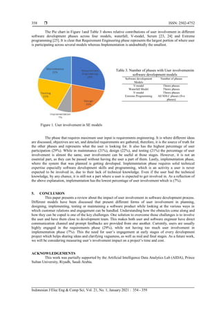  ISSN: 2502-4752
Indonesian J Elec Eng & Comp Sci, Vol. 21, No. 1, January 2021 : 354 - 359
358
The Pie chart in Figure 1and Table 3 shows relative contributions of user involvement in different
software development phases across four models, waterfall, V-model, Scrum [23, 24] and Extreme
programming [25]. It is clear that Requirement Engineering phase represents the largest portion of where user
is participating across several models whereas Implementation is undoubtedly the smallest.
Table 3. Number of phases with User involvementin
software development models
Software development
Models
Number of phases
V-model Threre phases
Waterfall Model Threre phases
V-model Threre phases
Extreme Programming All SDLC phases (five
phases)
Figure 1. User involvement in SE models
The phase that requires maximum user input is requirements engineering. It is where different ideas
are discussed, objectives are set, and detailed requirements are gathered, therefore, it is the source of truth for
the other phases and represents what the user is looking for. It also has the highest percentage of user
participation (29%). While in maintenance (21%), design (22%), and testing (21%) the percentage of user
involvement is almost the same, user involvement can be useful at those stages. However, it is not an
essential part, as they can be passed without having the user a part of them. Lastly, implementation phase,
where the system that was planned is getting developed. Implementation phase requires solid technical
expertise especially software development skills and programming, which is an activity a user is never
expected to be involved in, due to their lack of technical knowledge. Even if the user had the technical
knowledge, by any chance, it is still not a part where a user is expected to get involved in. As a reflection of
the above explanation, implementation has the lowest percentage of user involvement which is (7%).
5. CONCLUSION
This paper presents a review about the impact of user involvement in software development process.
Different models have been discussed that present different forms of user involvement in planning,
designing, implementing, testing or maintaining a software product while looking at the various ways in
which customer relations and engagement can be handled. Understanding how the obstacles come along and
how they can be coped is one of the key challenges. One solution to overcome those challenges is to involve
the user and have them close to development team. This makes both user and software engineer have direct
communication channel and prompt feedbacks are provided from one another. Currently, users are usually
highly engaged in the requirements phase (29%), while not having too much user involvement in
implementation phase (7%). This the need for user’s engagement at early stages of every development
project which helps sharing ideas and clarifying vagueness, as well as mid and final stages. As a future work,
we will be considering measuring user’s involvement impact on a project’s time and cost.
ACKNOWLEDGEMENTS
This work was partially supported by the Artificial Intelligence Data Analytics Lab (AIDA), Prince
Sultan University, Riyadh, Saudi Arabia.
 