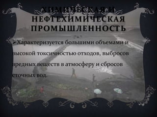 ХИМИЧЕСКАЯ И
НЕФТЕХИМИЧЕСКАЯ
ПРОМЫШЛЕННОСТЬ
Характеризуется большими объемами и
высокой токсичностью отходов, выбросов
вредных веществ в атмосферу и сбросов
сточных вод.
 