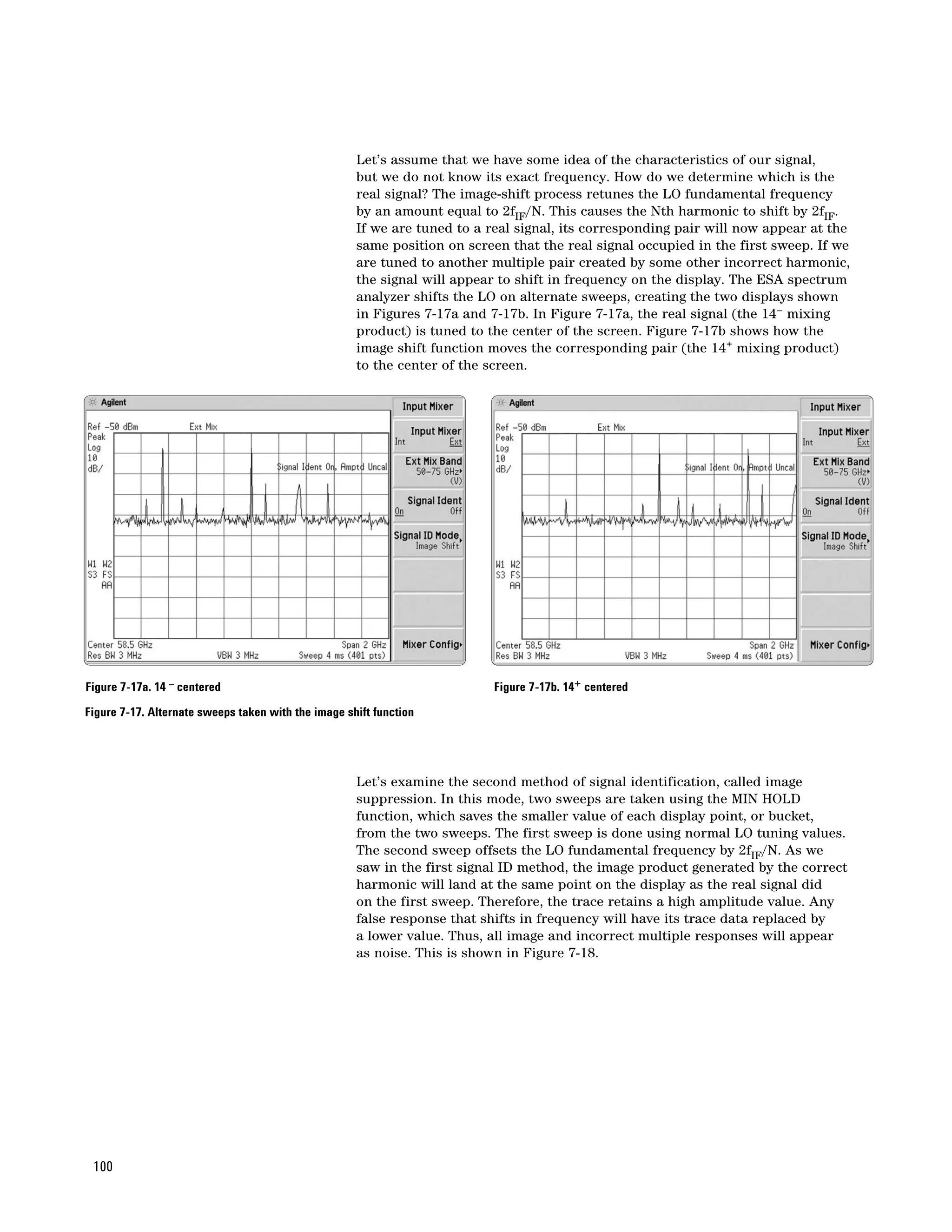 Let’s assume that we have some idea of the characteristics of our signal,
                                                     but we do not know its exact frequency. How do we determine which is the
                                                     real signal? The image-shift process retunes the LO fundamental frequency
                                                     by an amount equal to 2fIF/N. This causes the Nth harmonic to shift by 2fIF.
                                                     If we are tuned to a real signal, its corresponding pair will now appear at the
                                                     same position on screen that the real signal occupied in the first sweep. If we
                                                     are tuned to another multiple pair created by some other incorrect harmonic,
                                                     the signal will appear to shift in frequency on the display. The ESA spectrum
                                                     analyzer shifts the LO on alternate sweeps, creating the two displays shown
                                                     in Figures 7-17a and 7-17b. In Figure 7-17a, the real signal (the 14– mixing
                                                     product) is tuned to the center of the screen. Figure 7-17b shows how the
                                                     image shift function moves the corresponding pair (the 14+ mixing product)
                                                     to the center of the screen.




Figure 7-17a. 14 – centered                                                Figure 7-17b. 14+ centered

Figure 7-17. Alternate sweeps taken with the image shift function




                                                     Let’s examine the second method of signal identification, called image
                                                     suppression. In this mode, two sweeps are taken using the MIN HOLD
                                                     function, which saves the smaller value of each display point, or bucket,
                                                     from the two sweeps. The first sweep is done using normal LO tuning values.
                                                     The second sweep offsets the LO fundamental frequency by 2fIF/N. As we
                                                     saw in the first signal ID method, the image product generated by the correct
                                                     harmonic will land at the same point on the display as the real signal did
                                                     on the first sweep. Therefore, the trace retains a high amplitude value. Any
                                                     false response that shifts in frequency will have its trace data replaced by
                                                     a lower value. Thus, all image and incorrect multiple responses will appear
                                                     as noise. This is shown in Figure 7-18.




 100
 