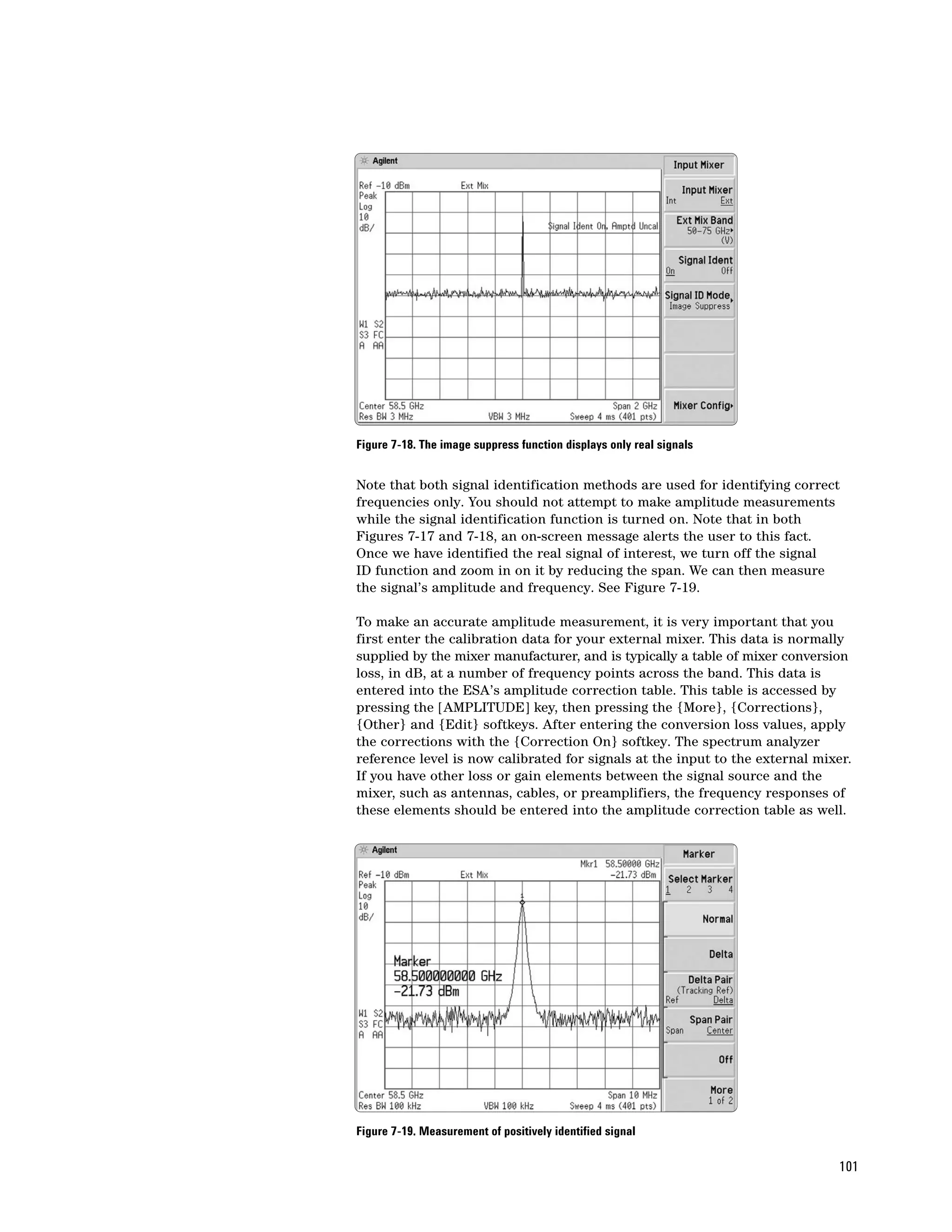 Figure 7-18. The image suppress function displays only real signals


Note that both signal identification methods are used for identifying correct
frequencies only. You should not attempt to make amplitude measurements
while the signal identification function is turned on. Note that in both
Figures 7-17 and 7-18, an on-screen message alerts the user to this fact.
Once we have identified the real signal of interest, we turn off the signal
ID function and zoom in on it by reducing the span. We can then measure
the signal’s amplitude and frequency. See Figure 7-19.

To make an accurate amplitude measurement, it is very important that you
first enter the calibration data for your external mixer. This data is normally
supplied by the mixer manufacturer, and is typically a table of mixer conversion
loss, in dB, at a number of frequency points across the band. This data is
entered into the ESA’s amplitude correction table. This table is accessed by
pressing the [AMPLITUDE] key, then pressing the {More}, {Corrections},
{Other} and {Edit} softkeys. After entering the conversion loss values, apply
the corrections with the {Correction On} softkey. The spectrum analyzer
reference level is now calibrated for signals at the input to the external mixer.
If you have other loss or gain elements between the signal source and the
mixer, such as antennas, cables, or preamplifiers, the frequency responses of
these elements should be entered into the amplitude correction table as well.




Figure 7-19. Measurement of positively identified signal

                                                                              101
 