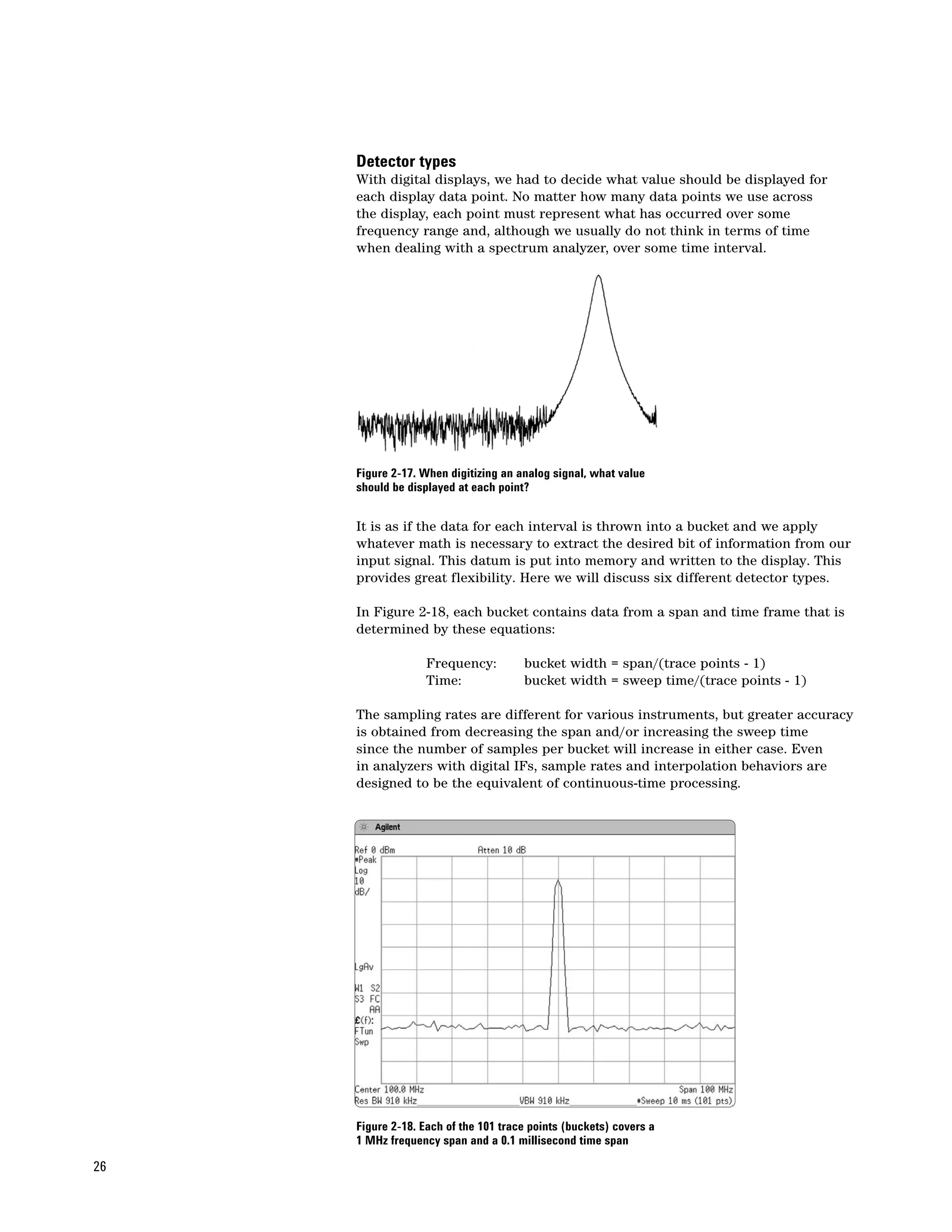 Detector types
     With digital displays, we had to decide what value should be displayed for
     each display data point. No matter how many data points we use across
     the display, each point must represent what has occurred over some
     frequency range and, although we usually do not think in terms of time
     when dealing with a spectrum analyzer, over some time interval.




     Figure 2-17. When digitizing an analog signal, what value
     should be displayed at each point?


     It is as if the data for each interval is thrown into a bucket and we apply
     whatever math is necessary to extract the desired bit of information from our
     input signal. This datum is put into memory and written to the display. This
     provides great flexibility. Here we will discuss six different detector types.

     In Figure 2-18, each bucket contains data from a span and time frame that is
     determined by these equations:

                   Frequency:         bucket width = span/(trace points - 1)
                   Time:              bucket width = sweep time/(trace points - 1)

     The sampling rates are different for various instruments, but greater accuracy
     is obtained from decreasing the span and/or increasing the sweep time
     since the number of samples per bucket will increase in either case. Even
     in analyzers with digital IFs, sample rates and interpolation behaviors are
     designed to be the equivalent of continuous-time processing.




     Figure 2-18. Each of the 101 trace points (buckets) covers a
     1 MHz frequency span and a 0.1 millisecond time span

26
 