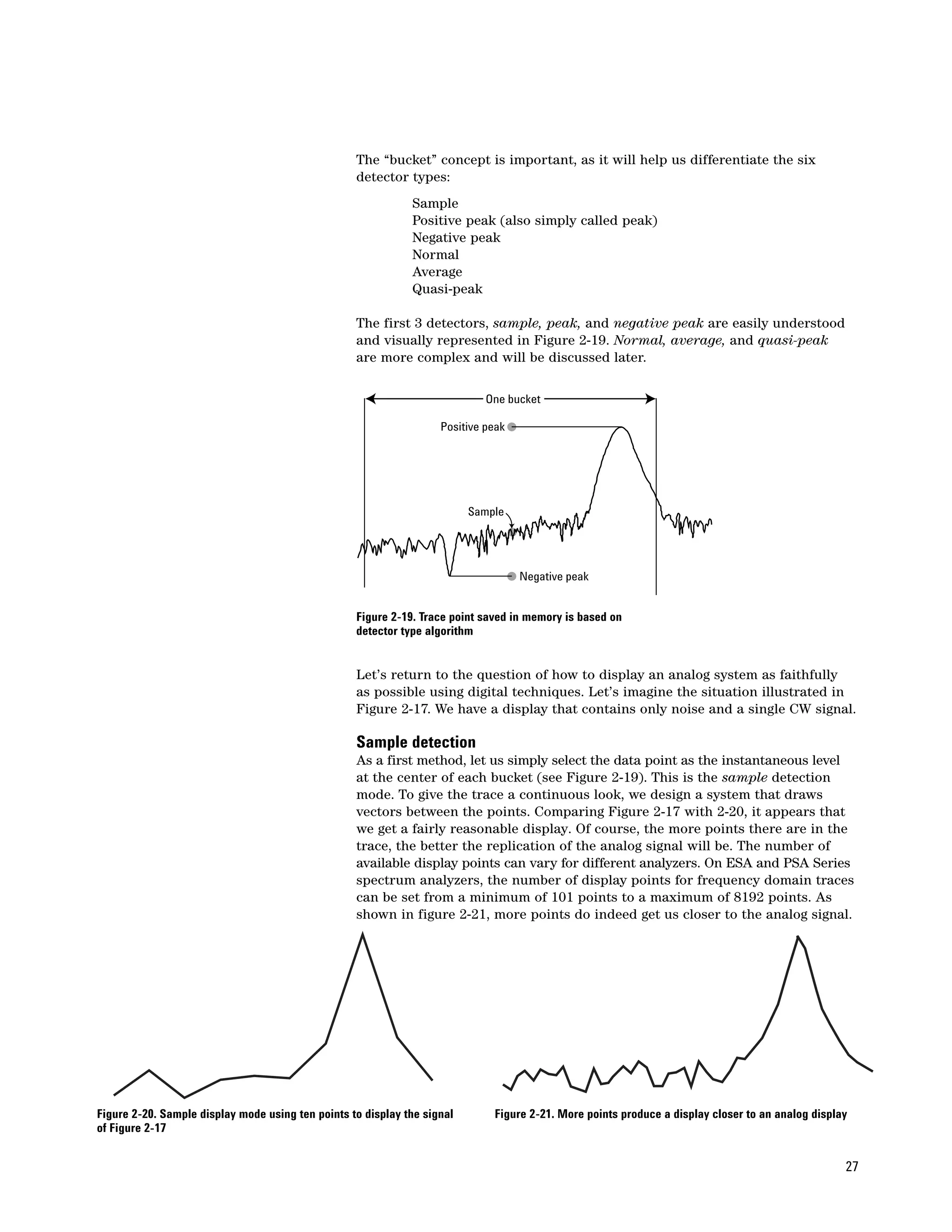 The “bucket” concept is important, as it will help us differentiate the six
                                                   detector types:
                                                              Sample
                                                              Positive peak (also simply called peak)
                                                              Negative peak
                                                              Normal
                                                              Average
                                                              Quasi-peak

                                                   The first 3 detectors, sample, peak, and negative peak are easily understood
                                                   and visually represented in Figure 2-19. Normal, average, and quasi-peak
                                                   are more complex and will be discussed later.

                                                                             One bucket

                                                                    Positive peak




                                                                          Sample




                                                                                    Negative peak


                                                   Figure 2-19. Trace point saved in memory is based on
                                                   detector type algorithm


                                                   Let’s return to the question of how to display an analog system as faithfully
                                                   as possible using digital techniques. Let’s imagine the situation illustrated in
                                                   Figure 2-17. We have a display that contains only noise and a single CW signal.

                                                   Sample detection
                                                   As a first method, let us simply select the data point as the instantaneous level
                                                   at the center of each bucket (see Figure 2-19). This is the sample detection
                                                   mode. To give the trace a continuous look, we design a system that draws
                                                   vectors between the points. Comparing Figure 2-17 with 2-20, it appears that
                                                   we get a fairly reasonable display. Of course, the more points there are in the
                                                   trace, the better the replication of the analog signal will be. The number of
                                                   available display points can vary for different analyzers. On ESA and PSA Series
                                                   spectrum analyzers, the number of display points for frequency domain traces
                                                   can be set from a minimum of 101 points to a maximum of 8192 points. As
                                                   shown in figure 2-21, more points do indeed get us closer to the analog signal.




Figure 2-20. Sample display mode using ten points to display the signal       Figure 2-21. More points produce a display closer to an analog display
of Figure 2-17


                                                                                                                                                   27
 