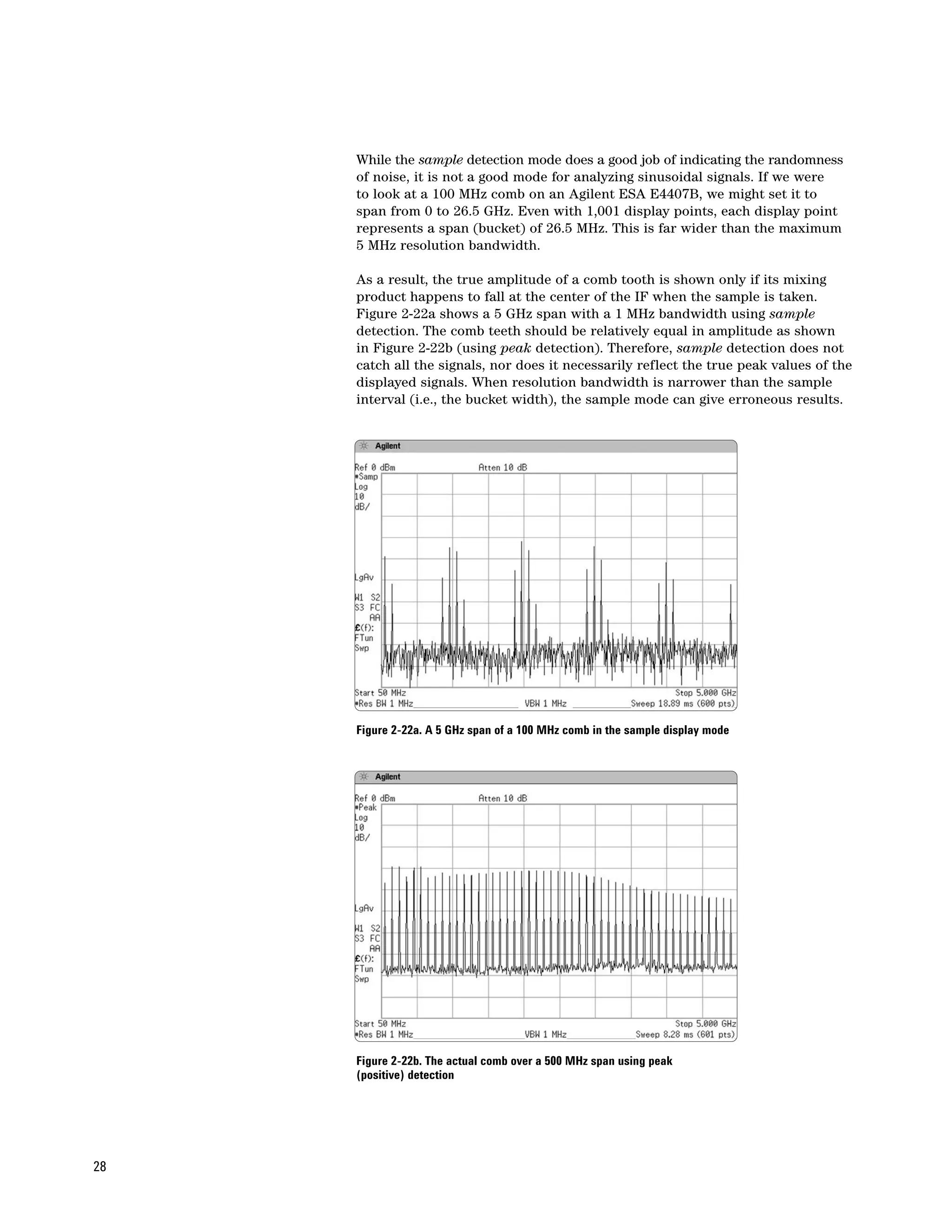 While the sample detection mode does a good job of indicating the randomness
     of noise, it is not a good mode for analyzing sinusoidal signals. If we were
     to look at a 100 MHz comb on an Agilent ESA E4407B, we might set it to
     span from 0 to 26.5 GHz. Even with 1,001 display points, each display point
     represents a span (bucket) of 26.5 MHz. This is far wider than the maximum
     5 MHz resolution bandwidth.

     As a result, the true amplitude of a comb tooth is shown only if its mixing
     product happens to fall at the center of the IF when the sample is taken.
     Figure 2-22a shows a 5 GHz span with a 1 MHz bandwidth using sample
     detection. The comb teeth should be relatively equal in amplitude as shown
     in Figure 2-22b (using peak detection). Therefore, sample detection does not
     catch all the signals, nor does it necessarily reflect the true peak values of the
     displayed signals. When resolution bandwidth is narrower than the sample
     interval (i.e., the bucket width), the sample mode can give erroneous results.




     Figure 2-22a. A 5 GHz span of a 100 MHz comb in the sample display mode




     Figure 2-22b. The actual comb over a 500 MHz span using peak
     (positive) detection




28
 