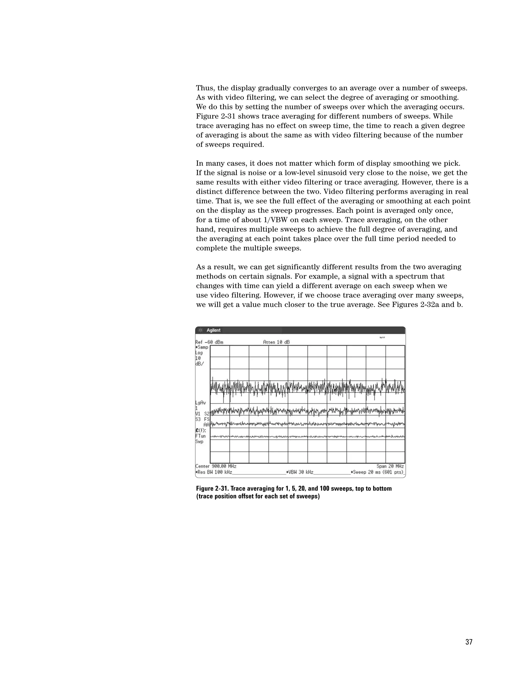 Thus, the display gradually converges to an average over a number of sweeps.
As with video filtering, we can select the degree of averaging or smoothing.
We do this by setting the number of sweeps over which the averaging occurs.
Figure 2-31 shows trace averaging for different numbers of sweeps. While
trace averaging has no effect on sweep time, the time to reach a given degree
of averaging is about the same as with video filtering because of the number
of sweeps required.

In many cases, it does not matter which form of display smoothing we pick.
If the signal is noise or a low-level sinusoid very close to the noise, we get the
same results with either video filtering or trace averaging. However, there is a
distinct difference between the two. Video filtering performs averaging in real
time. That is, we see the full effect of the averaging or smoothing at each point
on the display as the sweep progresses. Each point is averaged only once,
for a time of about 1/VBW on each sweep. Trace averaging, on the other
hand, requires multiple sweeps to achieve the full degree of averaging, and
the averaging at each point takes place over the full time period needed to
complete the multiple sweeps.

As a result, we can get significantly different results from the two averaging
methods on certain signals. For example, a signal with a spectrum that
changes with time can yield a different average on each sweep when we
use video filtering. However, if we choose trace averaging over many sweeps,
we will get a value much closer to the true average. See Figures 2-32a and b.




Figure 2-31. Trace averaging for 1, 5, 20, and 100 sweeps, top to bottom
(trace position offset for each set of sweeps)




                                                                                 37
 