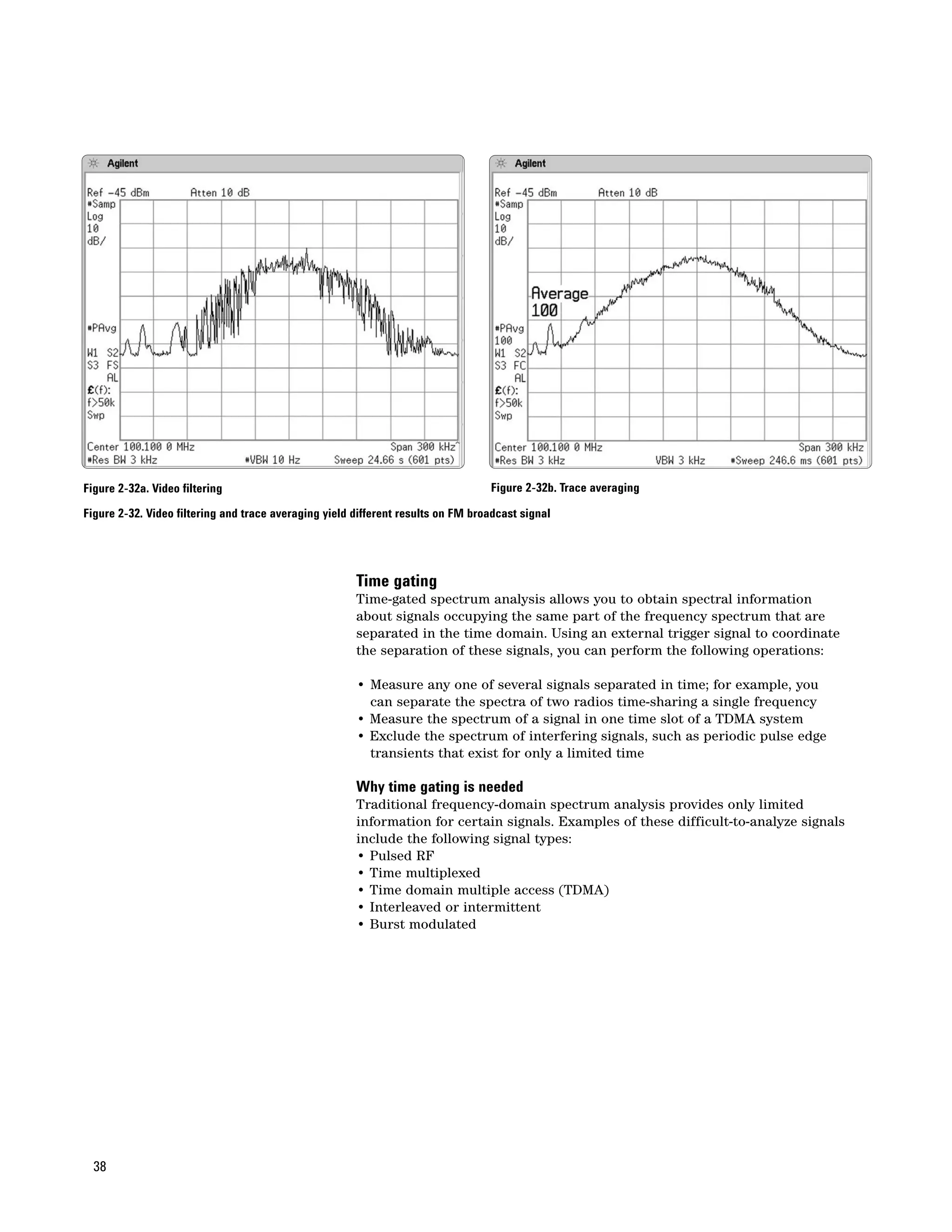 Figure 2-32a. Video filtering                                                     Figure 2-32b. Trace averaging

Figure 2-32. Video filtering and trace averaging yield different results on FM broadcast signal




                                                       Time gating
                                                       Time-gated spectrum analysis allows you to obtain spectral information
                                                       about signals occupying the same part of the frequency spectrum that are
                                                       separated in the time domain. Using an external trigger signal to coordinate
                                                       the separation of these signals, you can perform the following operations:

                                                       • Measure any one of several signals separated in time; for example, you
                                                         can separate the spectra of two radios time-sharing a single frequency
                                                       • Measure the spectrum of a signal in one time slot of a TDMA system
                                                       • Exclude the spectrum of interfering signals, such as periodic pulse edge
                                                         transients that exist for only a limited time

                                                       Why time gating is needed
                                                       Traditional frequency-domain spectrum analysis provides only limited
                                                       information for certain signals. Examples of these difficult-to-analyze signals
                                                       include the following signal types:
                                                       • Pulsed RF
                                                       • Time multiplexed
                                                       • Time domain multiple access (TDMA)
                                                       • Interleaved or intermittent
                                                       • Burst modulated




  38
 