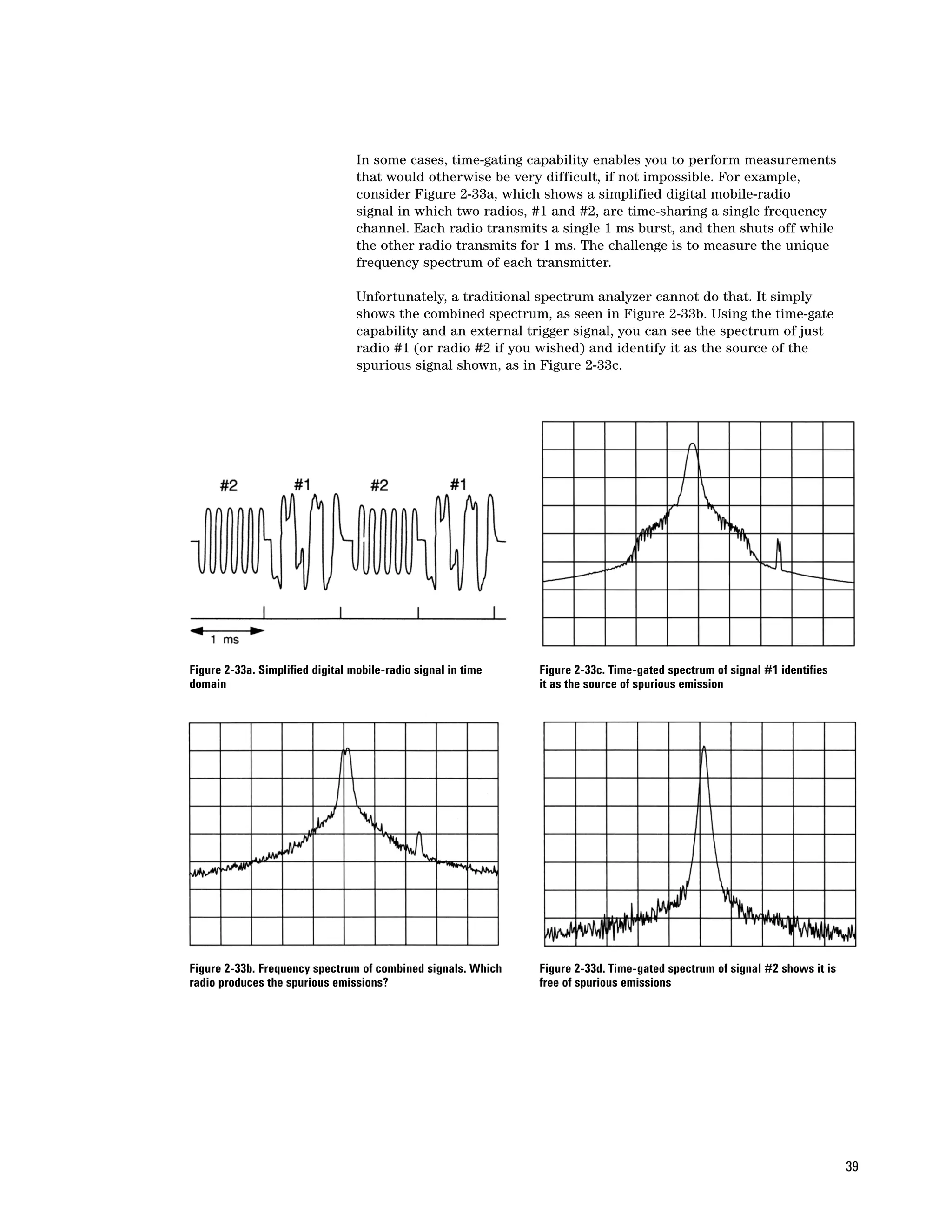In some cases, time-gating capability enables you to perform measurements
                                  that would otherwise be very difficult, if not impossible. For example,
                                  consider Figure 2-33a, which shows a simplified digital mobile-radio
                                  signal in which two radios, #1 and #2, are time-sharing a single frequency
                                  channel. Each radio transmits a single 1 ms burst, and then shuts off while
                                  the other radio transmits for 1 ms. The challenge is to measure the unique
                                  frequency spectrum of each transmitter.

                                  Unfortunately, a traditional spectrum analyzer cannot do that. It simply
                                  shows the combined spectrum, as seen in Figure 2-33b. Using the time-gate
                                  capability and an external trigger signal, you can see the spectrum of just
                                  radio #1 (or radio #2 if you wished) and identify it as the source of the
                                  spurious signal shown, as in Figure 2-33c.




Figure 2-33a. Simplified digital mobile-radio signal in time   Figure 2-33c. Time-gated spectrum of signal #1 identifies
domain                                                         it as the source of spurious emission




Figure 2-33b. Frequency spectrum of combined signals. Which    Figure 2-33d. Time-gated spectrum of signal #2 shows it is
radio produces the spurious emissions?                         free of spurious emissions




                                                                                                                            39
 