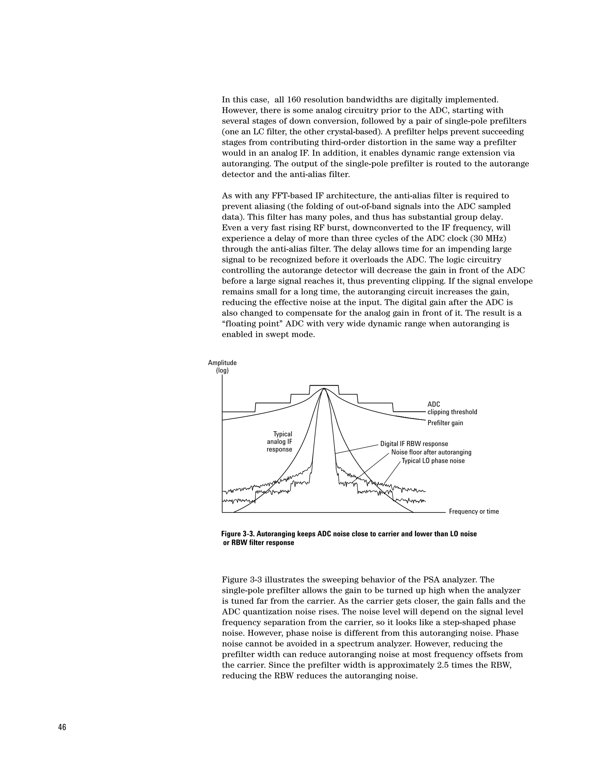 In this case, all 160 resolution bandwidths are digitally implemented.
         However, there is some analog circuitry prior to the ADC, starting with
         several stages of down conversion, followed by a pair of single-pole prefilters
         (one an LC filter, the other crystal-based). A prefilter helps prevent succeeding
         stages from contributing third-order distortion in the same way a prefilter
         would in an analog IF. In addition, it enables dynamic range extension via
         autoranging. The output of the single-pole prefilter is routed to the autorange
         detector and the anti-alias filter.

         As with any FFT-based IF architecture, the anti-alias filter is required to
         prevent aliasing (the folding of out-of-band signals into the ADC sampled
         data). This filter has many poles, and thus has substantial group delay.
         Even a very fast rising RF burst, downconverted to the IF frequency, will
         experience a delay of more than three cycles of the ADC clock (30 MHz)
         through the anti-alias filter. The delay allows time for an impending large
         signal to be recognized before it overloads the ADC. The logic circuitry
         controlling the autorange detector will decrease the gain in front of the ADC
         before a large signal reaches it, thus preventing clipping. If the signal envelope
         remains small for a long time, the autoranging circuit increases the gain,
         reducing the effective noise at the input. The digital gain after the ADC is
         also changed to compensate for the analog gain in front of it. The result is a
         “floating point” ADC with very wide dynamic range when autoranging is
         enabled in swept mode.


     Amplitude
       (log)



                                                                           ADC
                                                                           clipping threshold
                                                                           Prefilter gain
                         Typical
                       analog IF                          Digital IF RBW response
                       response                               Noise floor after autoranging
                                                                   Typical LO phase noise




                                                                                   Frequency or time


         Figure 3-3. Autoranging keeps ADC noise close to carrier and lower than LO noise
          or RBW filter response



         Figure 3-3 illustrates the sweeping behavior of the PSA analyzer. The
         single-pole prefilter allows the gain to be turned up high when the analyzer
         is tuned far from the carrier. As the carrier gets closer, the gain falls and the
         ADC quantization noise rises. The noise level will depend on the signal level
         frequency separation from the carrier, so it looks like a step-shaped phase
         noise. However, phase noise is different from this autoranging noise. Phase
         noise cannot be avoided in a spectrum analyzer. However, reducing the
         prefilter width can reduce autoranging noise at most frequency offsets from
         the carrier. Since the prefilter width is approximately 2.5 times the RBW,
         reducing the RBW reduces the autoranging noise.




46
 