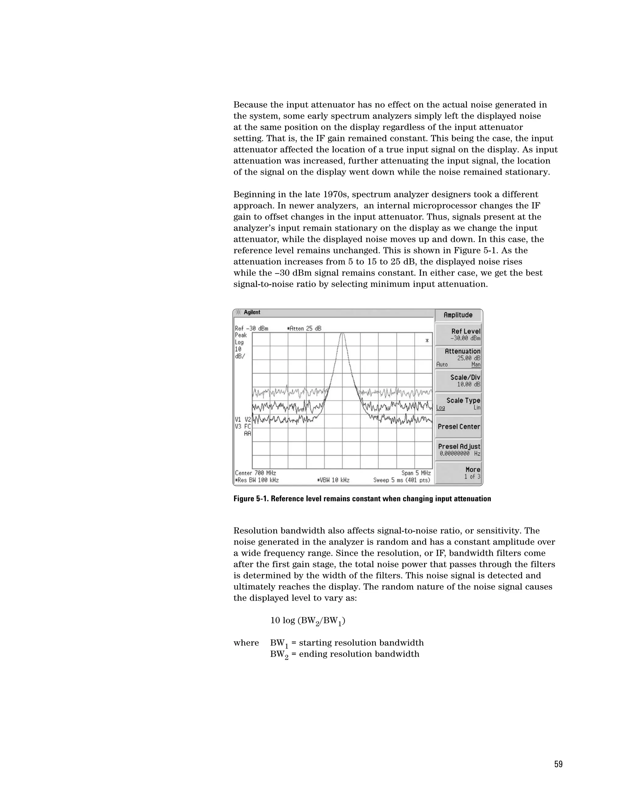 Because the input attenuator has no effect on the actual noise generated in
the system, some early spectrum analyzers simply left the displayed noise
at the same position on the display regardless of the input attenuator
setting. That is, the IF gain remained constant. This being the case, the input
attenuator affected the location of a true input signal on the display. As input
attenuation was increased, further attenuating the input signal, the location
of the signal on the display went down while the noise remained stationary.

Beginning in the late 1970s, spectrum analyzer designers took a different
approach. In newer analyzers, an internal microprocessor changes the IF
gain to offset changes in the input attenuator. Thus, signals present at the
analyzer’s input remain stationary on the display as we change the input
attenuator, while the displayed noise moves up and down. In this case, the
reference level remains unchanged. This is shown in Figure 5-1. As the
attenuation increases from 5 to 15 to 25 dB, the displayed noise rises
while the –30 dBm signal remains constant. In either case, we get the best
signal-to-noise ratio by selecting minimum input attenuation.




Figure 5-1. Reference level remains constant when changing input attenuation


Resolution bandwidth also affects signal-to-noise ratio, or sensitivity. The
noise generated in the analyzer is random and has a constant amplitude over
a wide frequency range. Since the resolution, or IF, bandwidth filters come
after the first gain stage, the total noise power that passes through the filters
is determined by the width of the filters. This noise signal is detected and
ultimately reaches the display. The random nature of the noise signal causes
the displayed level to vary as:

          10 log (BW2/BW1)

where     BW1 = starting resolution bandwidth
          BW2 = ending resolution bandwidth




                                                                                59
 