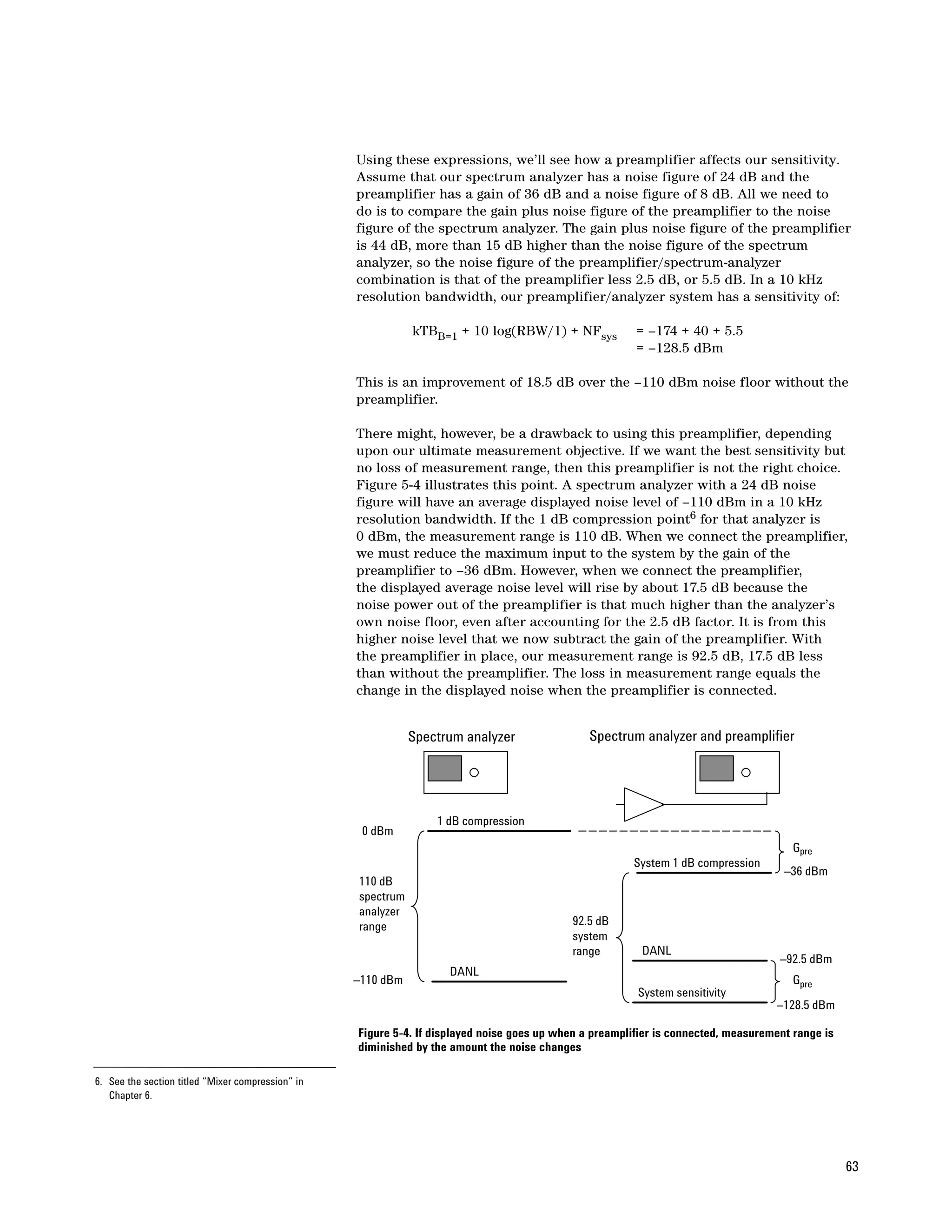 Using these expressions, we’ll see how a preamplifier affects our sensitivity.
                                                   Assume that our spectrum analyzer has a noise figure of 24 dB and the
                                                   preamplifier has a gain of 36 dB and a noise figure of 8 dB. All we need to
                                                   do is to compare the gain plus noise figure of the preamplifier to the noise
                                                   figure of the spectrum analyzer. The gain plus noise figure of the preamplifier
                                                   is 44 dB, more than 15 dB higher than the noise figure of the spectrum
                                                   analyzer, so the noise figure of the preamplifier/spectrum-analyzer
                                                   combination is that of the preamplifier less 2.5 dB, or 5.5 dB. In a 10 kHz
                                                   resolution bandwidth, our preamplifier/analyzer system has a sensitivity of:

                                                              kTBB=1 + 10 log(RBW/1) + NFsys             = –174 + 40 + 5.5
                                                                                                         = –128.5 dBm

                                                   This is an improvement of 18.5 dB over the –110 dBm noise floor without the
                                                   preamplifier.

                                                   There might, however, be a drawback to using this preamplifier, depending
                                                   upon our ultimate measurement objective. If we want the best sensitivity but
                                                   no loss of measurement range, then this preamplifier is not the right choice.
                                                   Figure 5-4 illustrates this point. A spectrum analyzer with a 24 dB noise
                                                   figure will have an average displayed noise level of –110 dBm in a 10 kHz
                                                   resolution bandwidth. If the 1 dB compression point6 for that analyzer is
                                                   0 dBm, the measurement range is 110 dB. When we connect the preamplifier,
                                                   we must reduce the maximum input to the system by the gain of the
                                                   preamplifier to –36 dBm. However, when we connect the preamplifier,
                                                   the displayed average noise level will rise by about 17.5 dB because the
                                                   noise power out of the preamplifier is that much higher than the analyzer’s
                                                   own noise floor, even after accounting for the 2.5 dB factor. It is from this
                                                   higher noise level that we now subtract the gain of the preamplifier. With
                                                   the preamplifier in place, our measurement range is 92.5 dB, 17.5 dB less
                                                   than without the preamplifier. The loss in measurement range equals the
                                                   change in the displayed noise when the preamplifier is connected.


                                                              Spectrum analyzer                 Spectrum analyzer and preamplifier




                                                                  1 dB compression
                                                    0 dBm
                                                                                                                                       Gpre
                                                                                                        System 1 dB compression
                                                                                                                                      –36 dBm
                                                   110 dB
                                                   spectrum
                                                   analyzer
                                                   range                                    92.5 dB
                                                                                            system
                                                                                            range         DANL
                                                                                                                                     –92.5 dBm
                                                                    DANL
                                                   –110 dBm                                                                            Gpre
                                                                                                         System sensitivity
                                                                                                                                    –128.5 dBm

                                                   Figure 5-4. If displayed noise goes up when a preamplifier is connected, measurement range is
                                                   diminished by the amount the noise changes

6. See the section titled “Mixer compression” in
   Chapter 6.




                                                                                                                                                   63
 