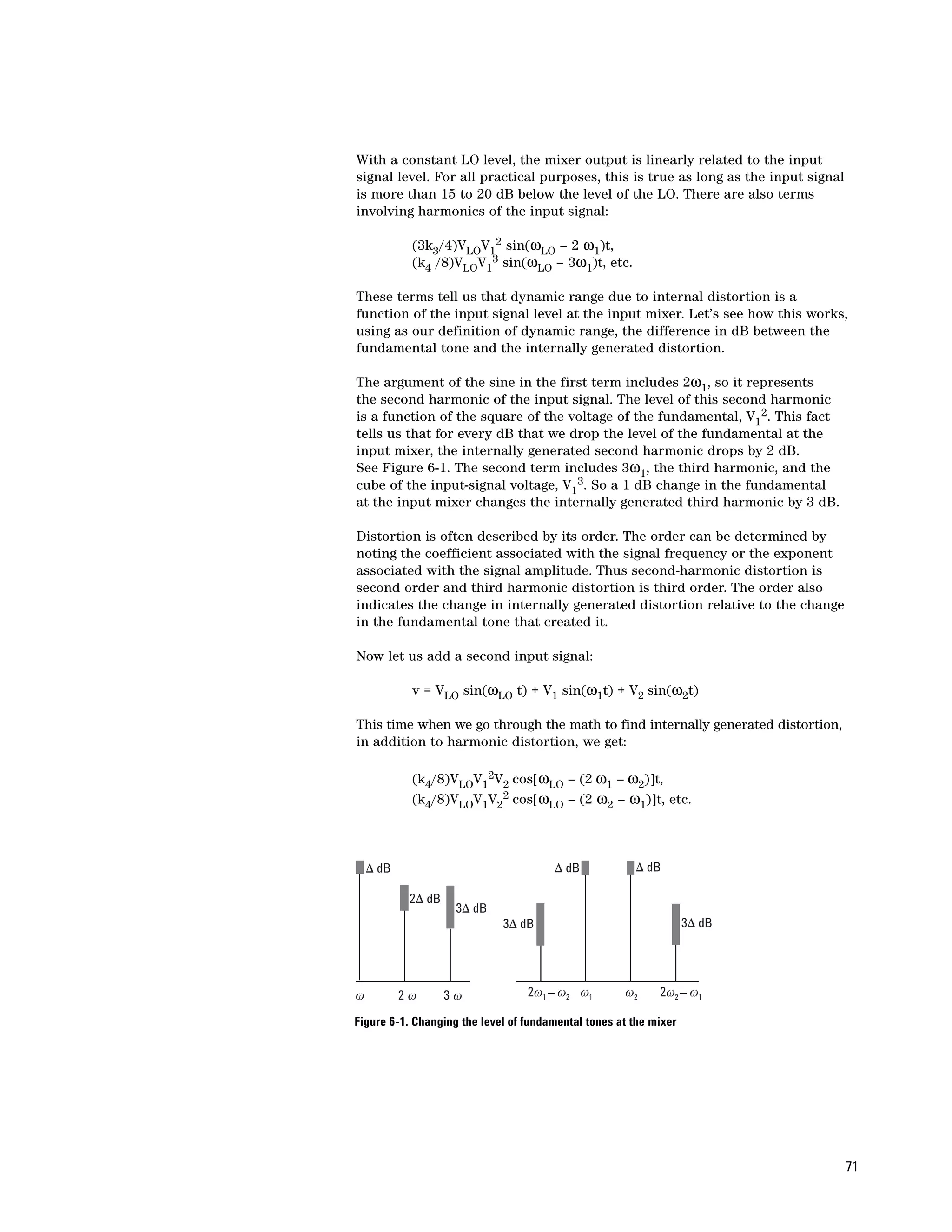 With a constant LO level, the mixer output is linearly related to the input
signal level. For all practical purposes, this is true as long as the input signal
is more than 15 to 20 dB below the level of the LO. There are also terms
involving harmonics of the input signal:

            (3k3/4)VLOV12 sin(ωLO – 2 ω1)t,
            (k4 /8)VLOV13 sin(ωLO – 3ω1)t, etc.

These terms tell us that dynamic range due to internal distortion is a
function of the input signal level at the input mixer. Let’s see how this works,
using as our definition of dynamic range, the difference in dB between the
fundamental tone and the internally generated distortion.

The argument of the sine in the first term includes 2ω1, so it represents
the second harmonic of the input signal. The level of this second harmonic
is a function of the square of the voltage of the fundamental, V12. This fact
tells us that for every dB that we drop the level of the fundamental at the
input mixer, the internally generated second harmonic drops by 2 dB.
See Figure 6-1. The second term includes 3ω1, the third harmonic, and the
cube of the input-signal voltage, V13. So a 1 dB change in the fundamental
at the input mixer changes the internally generated third harmonic by 3 dB.

Distortion is often described by its order. The order can be determined by
noting the coefficient associated with the signal frequency or the exponent
associated with the signal amplitude. Thus second-harmonic distortion is
second order and third harmonic distortion is third order. The order also
indicates the change in internally generated distortion relative to the change
in the fundamental tone that created it.

Now let us add a second input signal:

            v = VLO sin(ωLO t) + V1 sin(ω1t) + V2 sin(ω2t)

This time when we go through the math to find internally generated distortion,
in addition to harmonic distortion, we get:

            (k4/8)VLOV12V2 cos[ωLO – (2 ω1 – ω2)]t,
            (k4/8)VLOV1V22 cos[ωLO – (2 ω2 – ω1)]t, etc.



    D dB                               D dB            D dB

            2D dB
                     3D dB
                             3D dB                                 3D dB




w          2w       3w            2w1 – w2 w1        w2     2w2 – w1

Figure 6-1. Changing the level of fundamental tones at the mixer




                                                                                     71
 