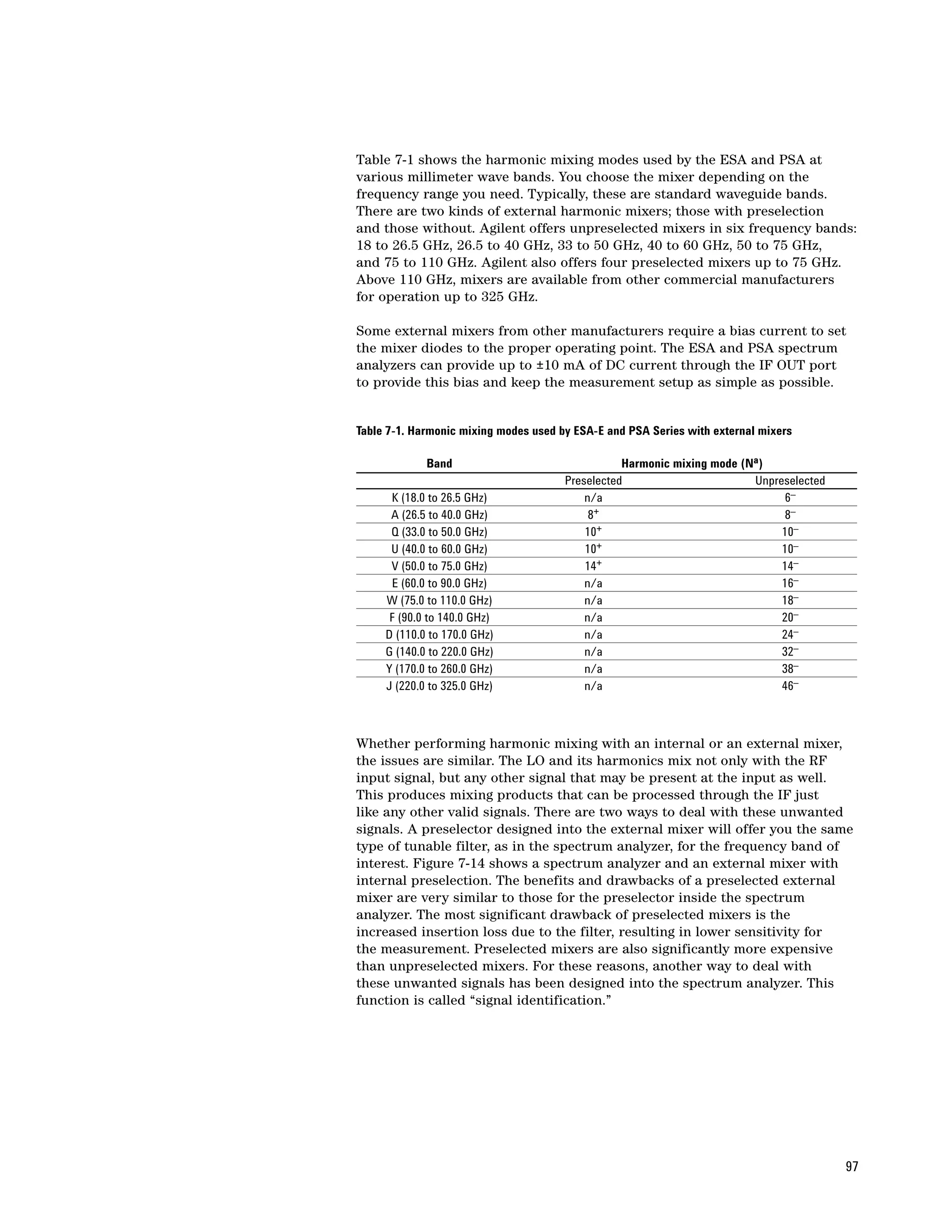 Table 7-1 shows the harmonic mixing modes used by the ESA and PSA at
various millimeter wave bands. You choose the mixer depending on the
frequency range you need. Typically, these are standard waveguide bands.
There are two kinds of external harmonic mixers; those with preselection
and those without. Agilent offers unpreselected mixers in six frequency bands:
18 to 26.5 GHz, 26.5 to 40 GHz, 33 to 50 GHz, 40 to 60 GHz, 50 to 75 GHz,
and 75 to 110 GHz. Agilent also offers four preselected mixers up to 75 GHz.
Above 110 GHz, mixers are available from other commercial manufacturers
for operation up to 325 GHz.

Some external mixers from other manufacturers require a bias current to set
the mixer diodes to the proper operating point. The ESA and PSA spectrum
analyzers can provide up to ±10 mA of DC current through the IF OUT port
to provide this bias and keep the measurement setup as simple as possible.


Table 7-1. Harmonic mixing modes used by ESA-E and PSA Series with external mixers

             Band                                 Harmonic mixing mode (Na)
                                       Preselected                       Unpreselected
      K (18.0 to 26.5 GHz)                 n/a                                 6–
      A (26.5 to 40.0 GHz)                  8+                                 8–
      Q (33.0 to 50.0 GHz)                 10 +                               10–
      U (40.0 to 60.0 GHz)                 10+                                10–
      V (50.0 to 75.0 GHz)                 14+                                14–
      E (60.0 to 90.0 GHz)                 n/a                                16–
     W (75.0 to 110.0 GHz)                 n/a                                18–
      F (90.0 to 140.0 GHz)                n/a                                20–
     D (110.0 to 170.0 GHz)                n/a                                24–
     G (140.0 to 220.0 GHz)                n/a                                32–
     Y (170.0 to 260.0 GHz)                n/a                                38–
     J (220.0 to 325.0 GHz)                n/a                                46–



Whether performing harmonic mixing with an internal or an external mixer,
the issues are similar. The LO and its harmonics mix not only with the RF
input signal, but any other signal that may be present at the input as well.
This produces mixing products that can be processed through the IF just
like any other valid signals. There are two ways to deal with these unwanted
signals. A preselector designed into the external mixer will offer you the same
type of tunable filter, as in the spectrum analyzer, for the frequency band of
interest. Figure 7-14 shows a spectrum analyzer and an external mixer with
internal preselection. The benefits and drawbacks of a preselected external
mixer are very similar to those for the preselector inside the spectrum
analyzer. The most significant drawback of preselected mixers is the
increased insertion loss due to the filter, resulting in lower sensitivity for
the measurement. Preselected mixers are also significantly more expensive
than unpreselected mixers. For these reasons, another way to deal with
these unwanted signals has been designed into the spectrum analyzer. This
function is called “signal identification.”




                                                                                         97
 