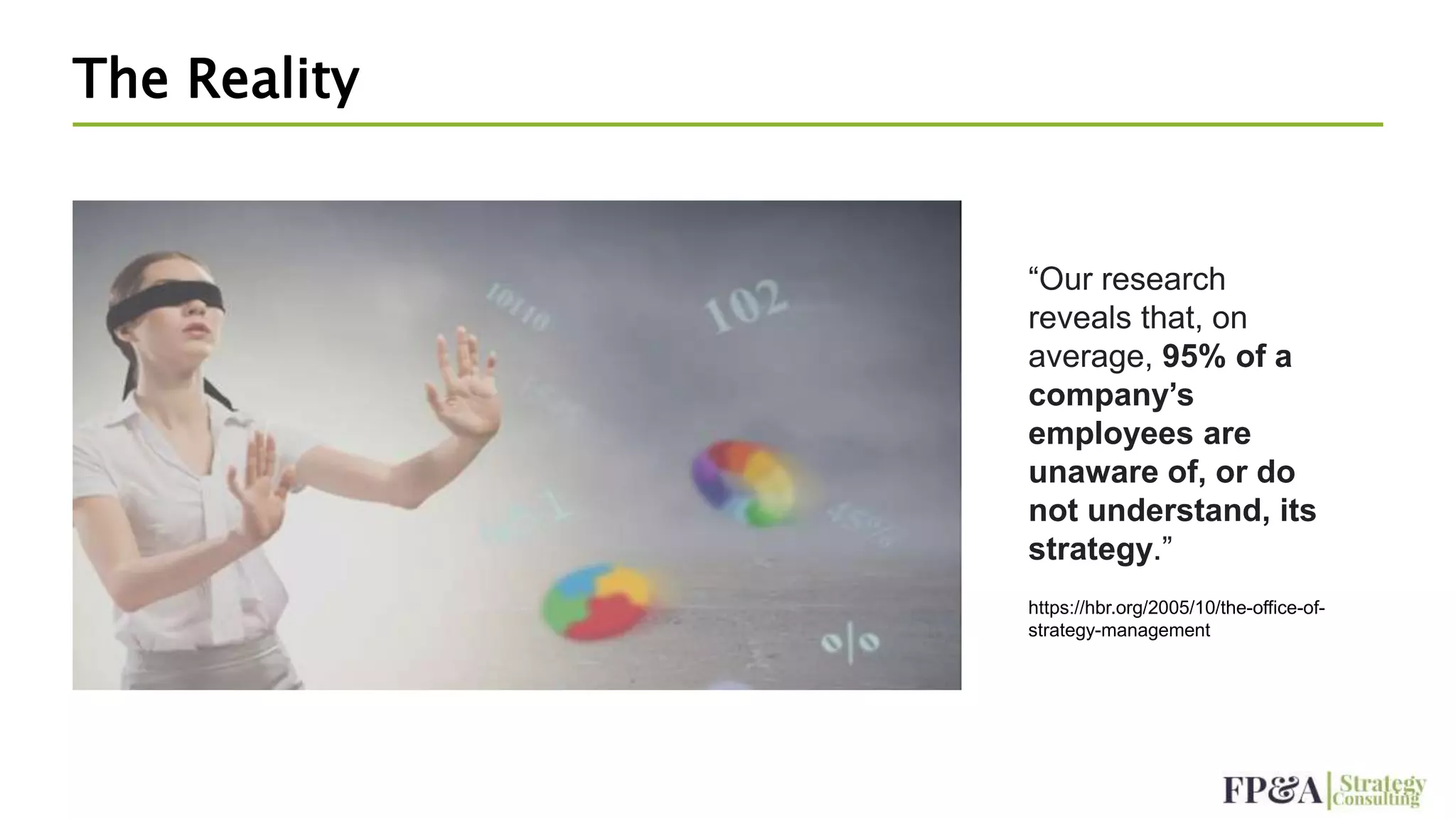 The Reality
“Our research
reveals that, on
average, 95% of a
company’s
employees are
unaware of, or do
not understand, its
strategy.”
https://hbr.org/2005/10/the-office-of-
strategy-management
 