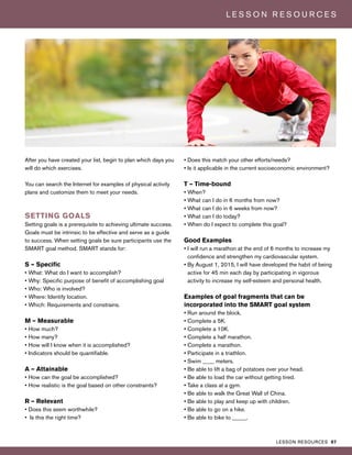 LESSON RESOURCES 97
L E S S O N R E S O U R C E S
After you have created your list, begin to plan which days you
will do which exercises.
You can search the Internet for examples of physical activity
plans and customize them to meet your needs.
SETTING GOALS
Setting goals is a prerequisite to achieving ultimate success.
Goals must be intrinsic to be effective and serve as a guide
to success. When setting goals be sure participants use the
SMART goal method. SMART stands for:
S – Specific
• What: What do I want to accomplish?
• Why: Specific purpose of benefit of accomplishing goal
• Who: Who is involved?
• Where: Identify location.
• Which: Requirements and constrains.
M – Measurable
• How much?
• How many?
• How will I know when it is accomplished?
• Indicators should be quantifiable.
A – Attainable
• How can the goal be accomplished?
• How realistic is the goal based on other constraints?
R – Relevant
• Does this seem worthwhile?
• Is this the right time?
• Does this match your other efforts/needs?
• Is it applicable in the current socioeconomic environment?
T – Time-bound
• When?
• What can I do in 6 months from now?
• What can I do in 6 weeks from now?
• What can I do today?
• When do I expect to complete this goal?
Good Examples
• I will run a marathon at the end of 6 months to increase my
confidence and strengthen my cardiovascular system.
• By August 1, 2015, I will have developed the habit of being
active for 45 min each day by participating in vigorous
activity to increase my self-esteem and personal health.
Examples of goal fragments that can be
incorporated into the SMART goal system
• Run around the block.
• Complete a 5K.
• Complete a 10K.
• Complete a half marathon.
• Complete a marathon.
• Participate in a triathlon.
• Swim ____ meters.
• Be able to lift a bag of potatoes over your head.
• Be able to load the car without getting tired.
• Take a class at a gym.
• Be able to walk the Great Wall of China.
• Be able to play and keep up with children.
• Be able to go on a hike.
• Be able to bike to _____.
 