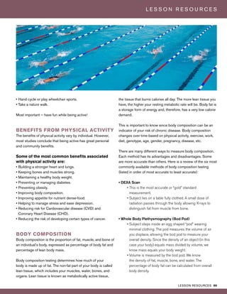 LESSON RESOURCES 99
L E S S O N R E S O U R C E S
• Hand cycle or play wheelchair sports.
• Take a nature walk.
Most important — have fun while being active!
BENEFITS FROM PHYSICAL ACTIVITY
The benefits of physical activity vary by individual. However,
most studies conclude that being active has great personal
and community benefits.
Some of the most common benefits associated
with physical activity are:
• Building a stronger heart and lungs.
• Keeping bones and muscles strong.
• Maintaining a healthy body weight.
• Preventing or managing diabetes.
• Preventing obesity.
• Improving body composition.
• Improving appetite for nutrient dense-food.
• Helping to manage stress and ease depression.
• Reducing risk for Cardiovascular disease (CVD) and
Coronary Heart Disease (CHD).
• Reducing the risk of developing certain types of cancer.
BODY COMPOSITION
Body composition is the proportion of fat, muscle, and bone of
an individual’s body, expressed as percentage of body fat and
percentage of lean body mass.
Body composition testing determines how much of your
body is made up of fat. The non-fat part of your body is called
lean tissue, which includes your muscles, water, bones, and
organs. Lean tissue is known as metabolically active tissue,
the tissue that burns calories all day. The more lean tissue you
have, the higher your resting metabolic rate will be. Body fat is
a storage form of energy and, therefore, has a very low calorie
demand.
This is important to know since body composition can be an
indicator of your risk of chronic disease. Body composition
changes over time based on physical activity, exercise, work,
diet, genotype, age, gender, pregnancy, disease, etc.
There are many different ways to measure body composition.
Each method has its advantages and disadvantages. Some
are more accurate than others. Here is a review of the six most
commonly available methods of body composition testing
(listed in order of most accurate to least accurate):
• DEXA Scan
• This is the most accurate or “gold” standard
measurement.
• Subject lies on a table fully clothed. A small dose of
radiation passes through the body allowing X-rays to
distinguish fat from muscle from bone.
• Whole Body Plethysmography (Bod Pod)
• Subject steps inside an egg shaped “pod” wearing
minimal clothing. The pod measures the volume of air
you displace, allowing the bod pod to measure your
overall density. Since the density of an object (in this
case your body) equals mass divided by volume, we
know mass equals your body weight.
• Volume is measured by the bod pod. We know
the density of fat, muscle, bone, and water. The
percentage of body fat can be calculated from overall
body density.
 